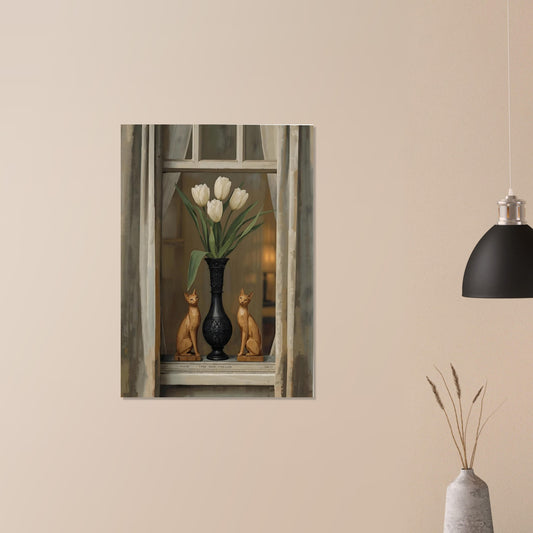 Framed artwork of two cats with a vase of tulips on a beige wall.