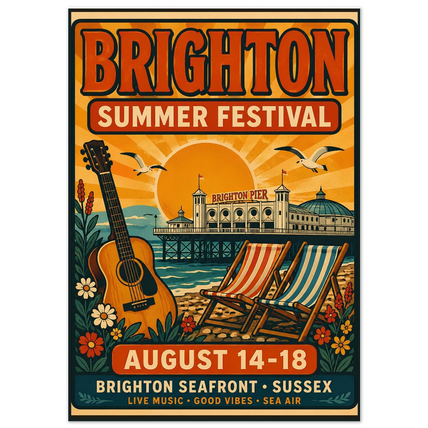Poster for Brighton Summer Festival with guitar, deck chairs, and Brighton Pier.