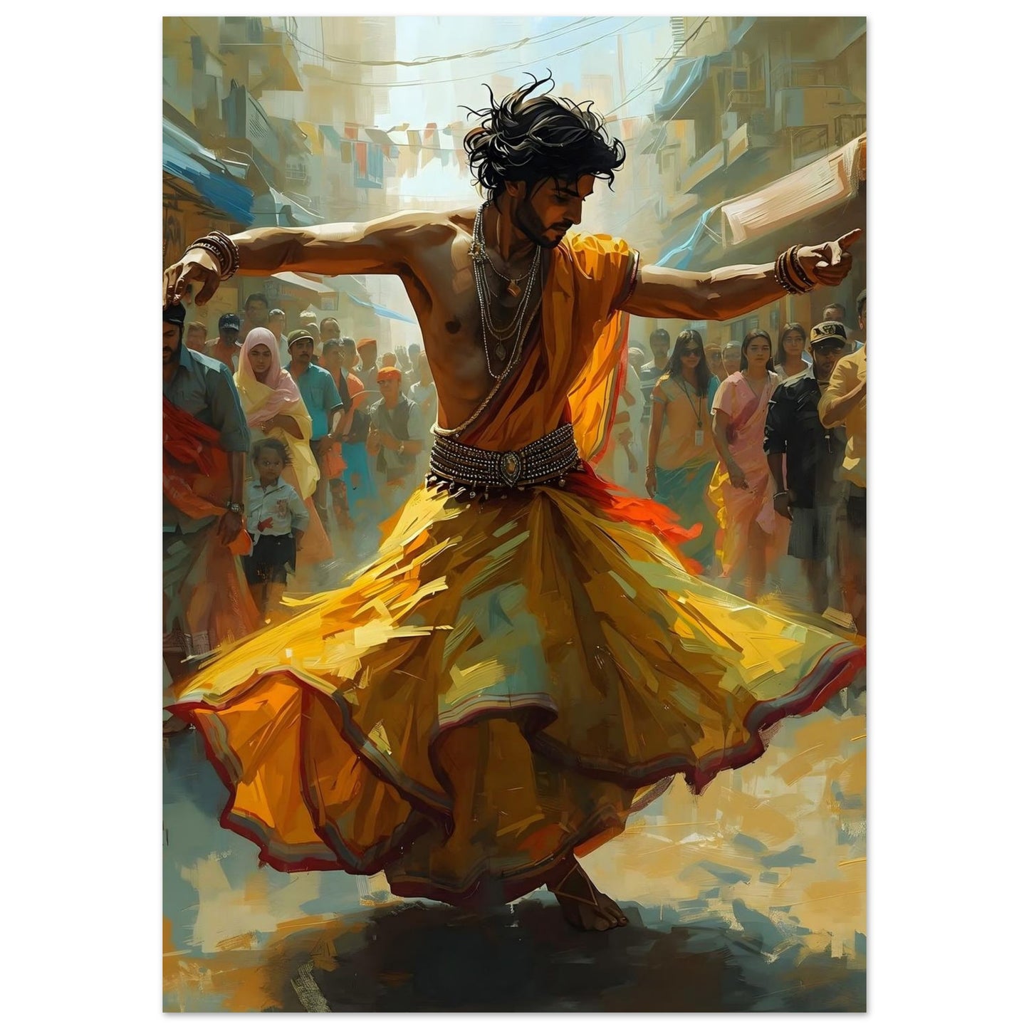 Vibrant Indian Dancer Poster – Expressive Art in Saffron & Gold
