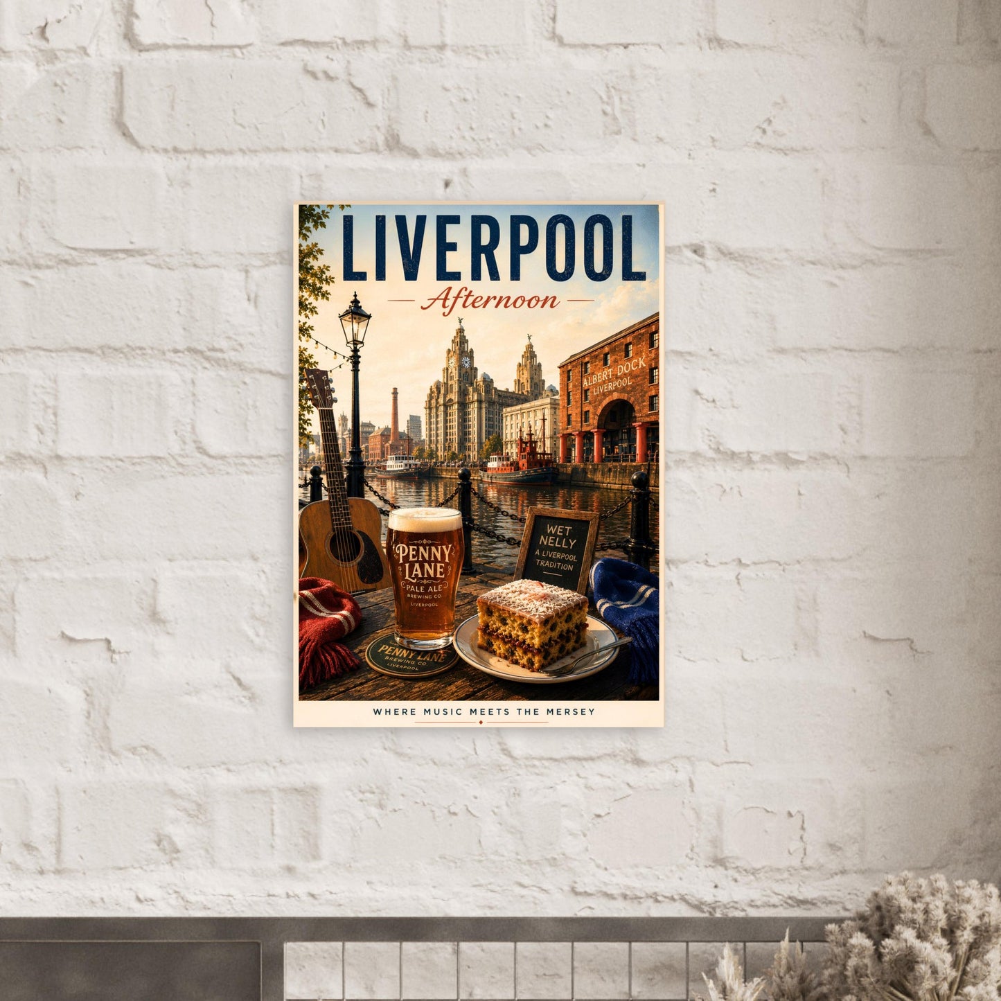 Liverpool Afternoon poster displayed on a white brick wall, celebrating Liverpool's music culture and historic docklands.