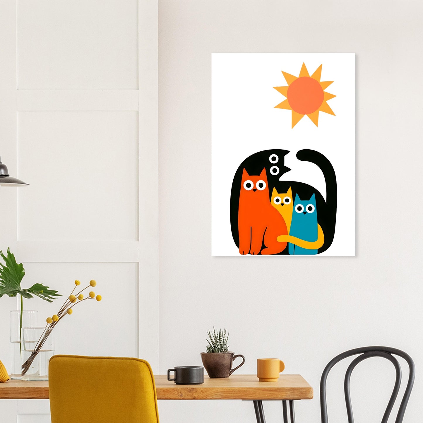 Colorful cat illustration on a wall above a wooden table with chairs.