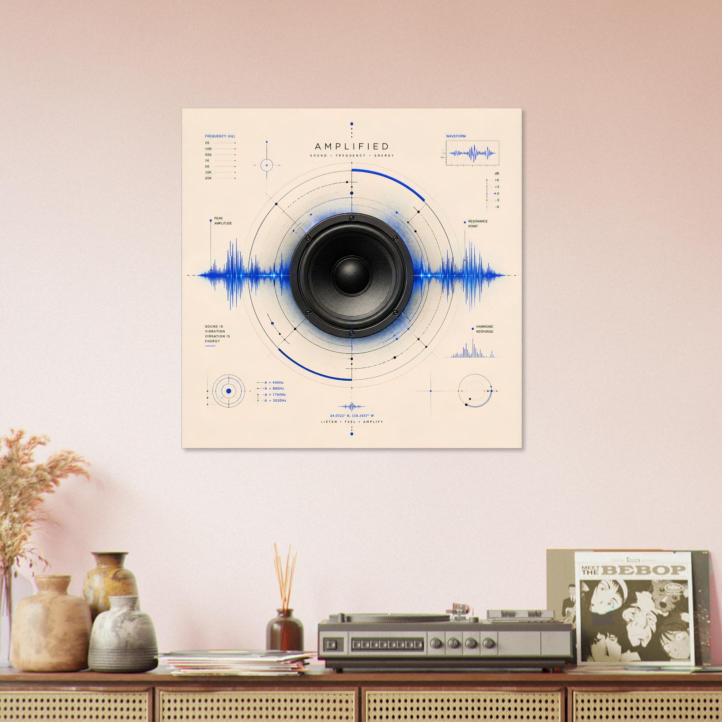 Minimalist speaker wall art styled above a sideboard with vintage audio equipment and decorative accessories.
