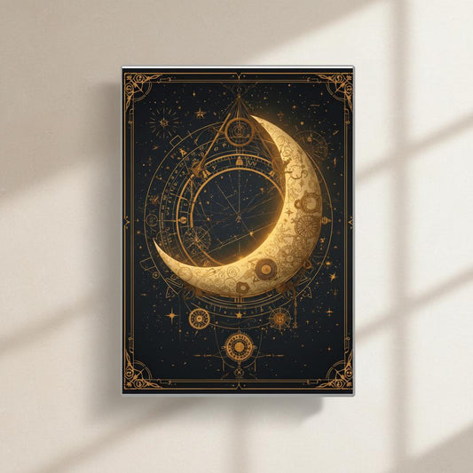 Steampunk crescent moon wall art A4 poster with antique gold clockwork gears and celestial Victorian design
