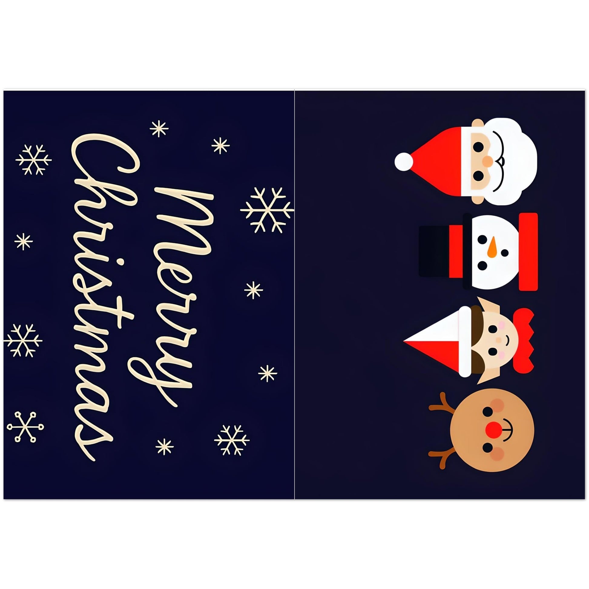Christmas-themed card with Santa Claus, snowman, and reindeer on a dark blue background with white text.