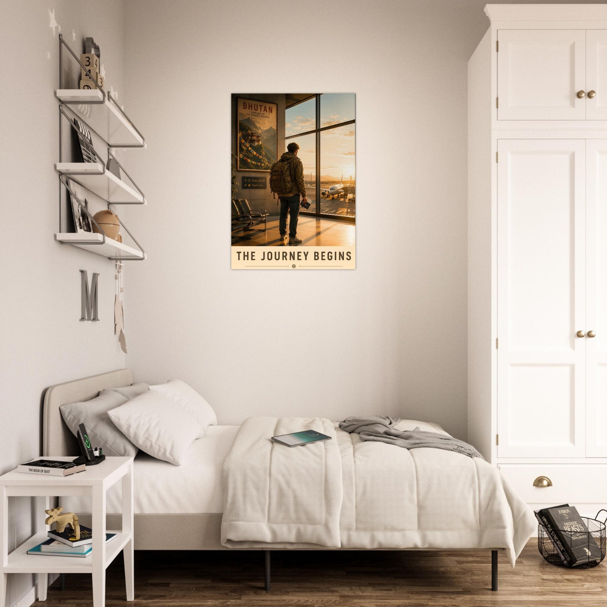 The Journey Begins inspirational backpacker poster displayed in a calm modern bedroom with neutral décor and soft lighting.