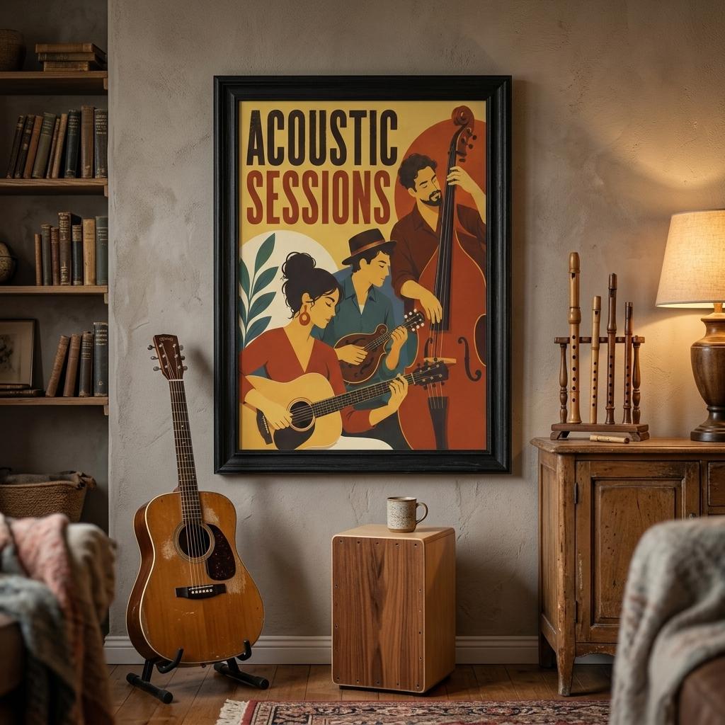 Acoustic Sessions retro music poster displayed in a warm vintage-inspired music room with acoustic guitars and wooden furniture.