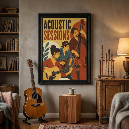 Acoustic Sessions retro music poster displayed in a warm vintage-inspired music room with acoustic guitars and wooden furniture.