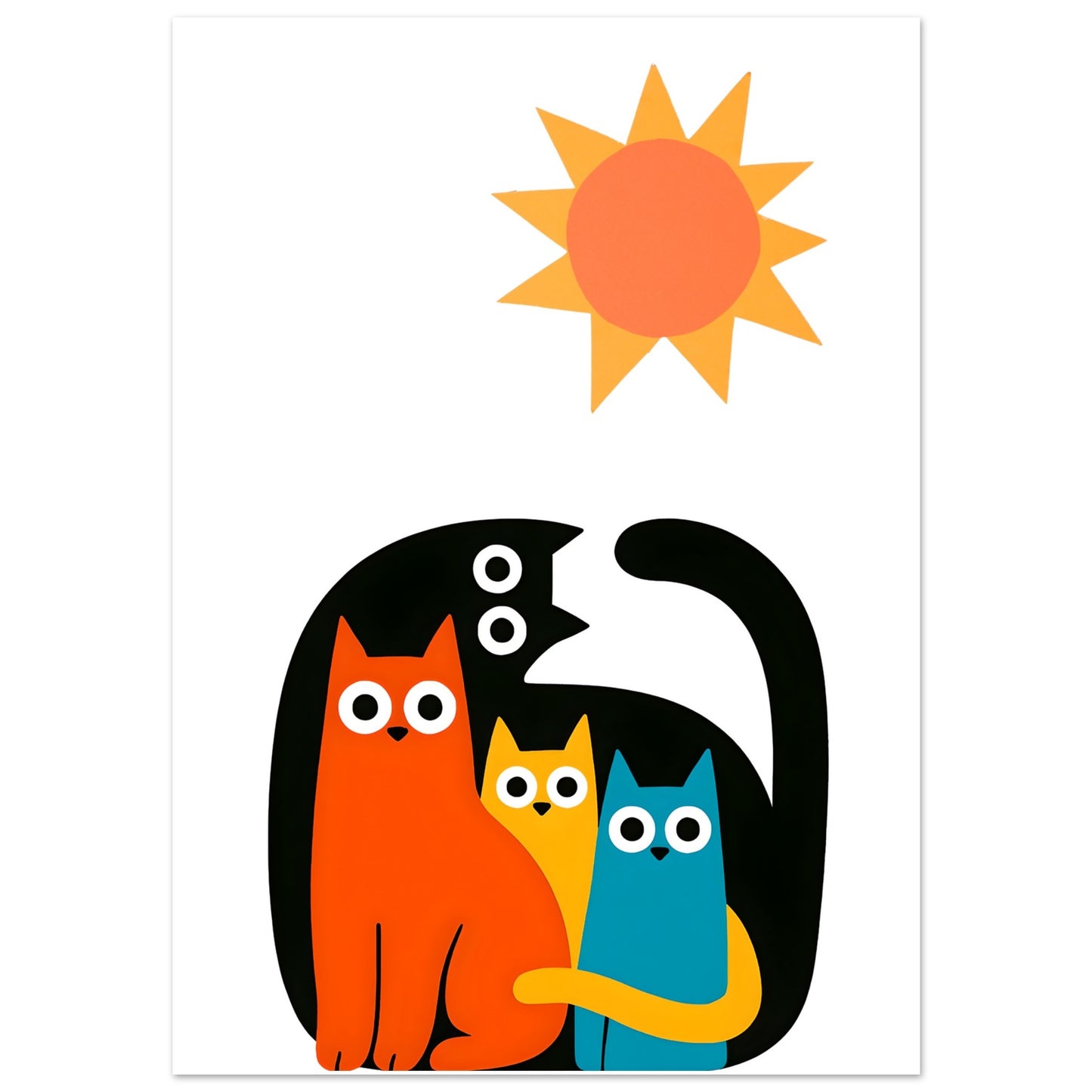 Colorful illustration of three cats under a sun on a white background