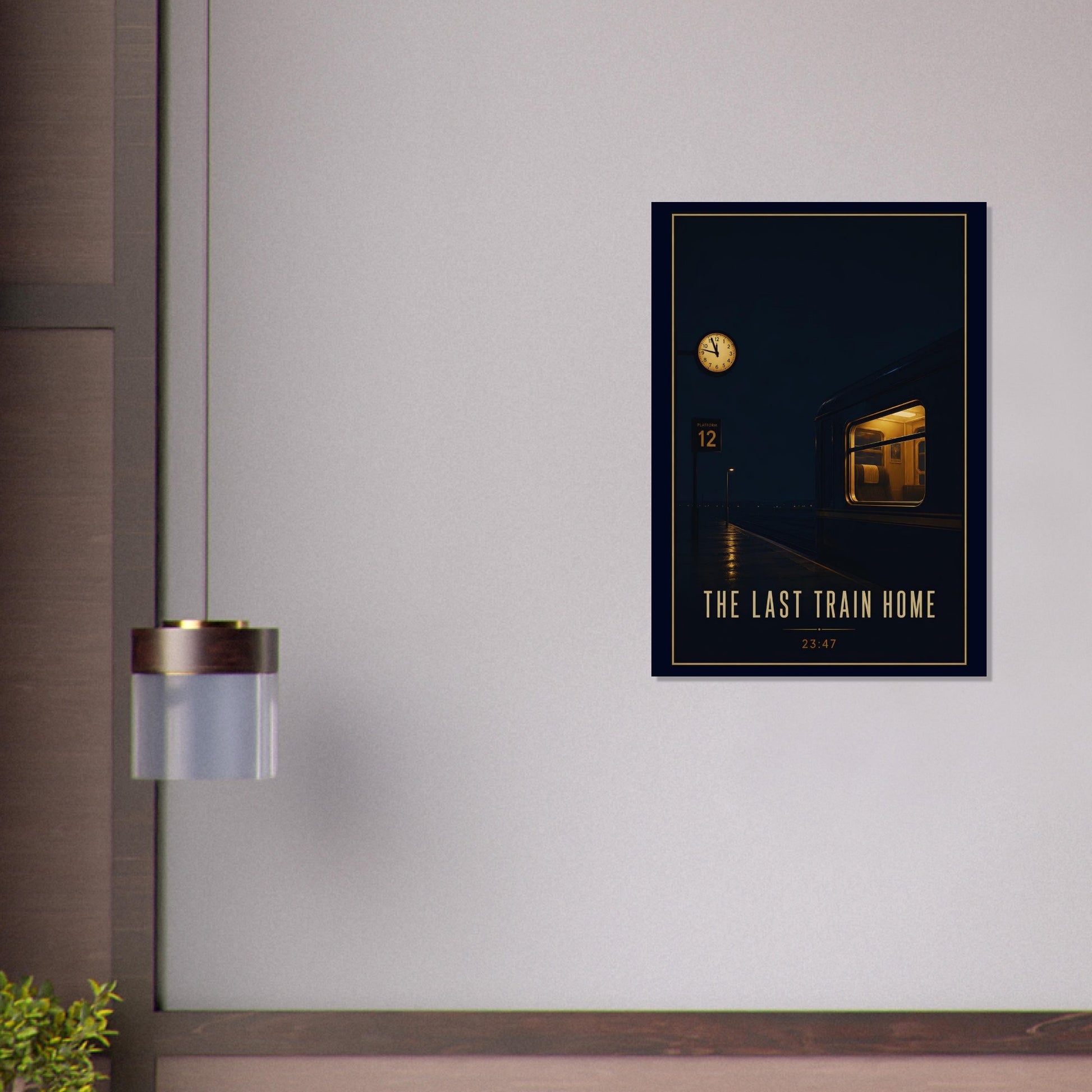Framed poster titled 'The Last Train Home' on a wall with a decorative light fixture.