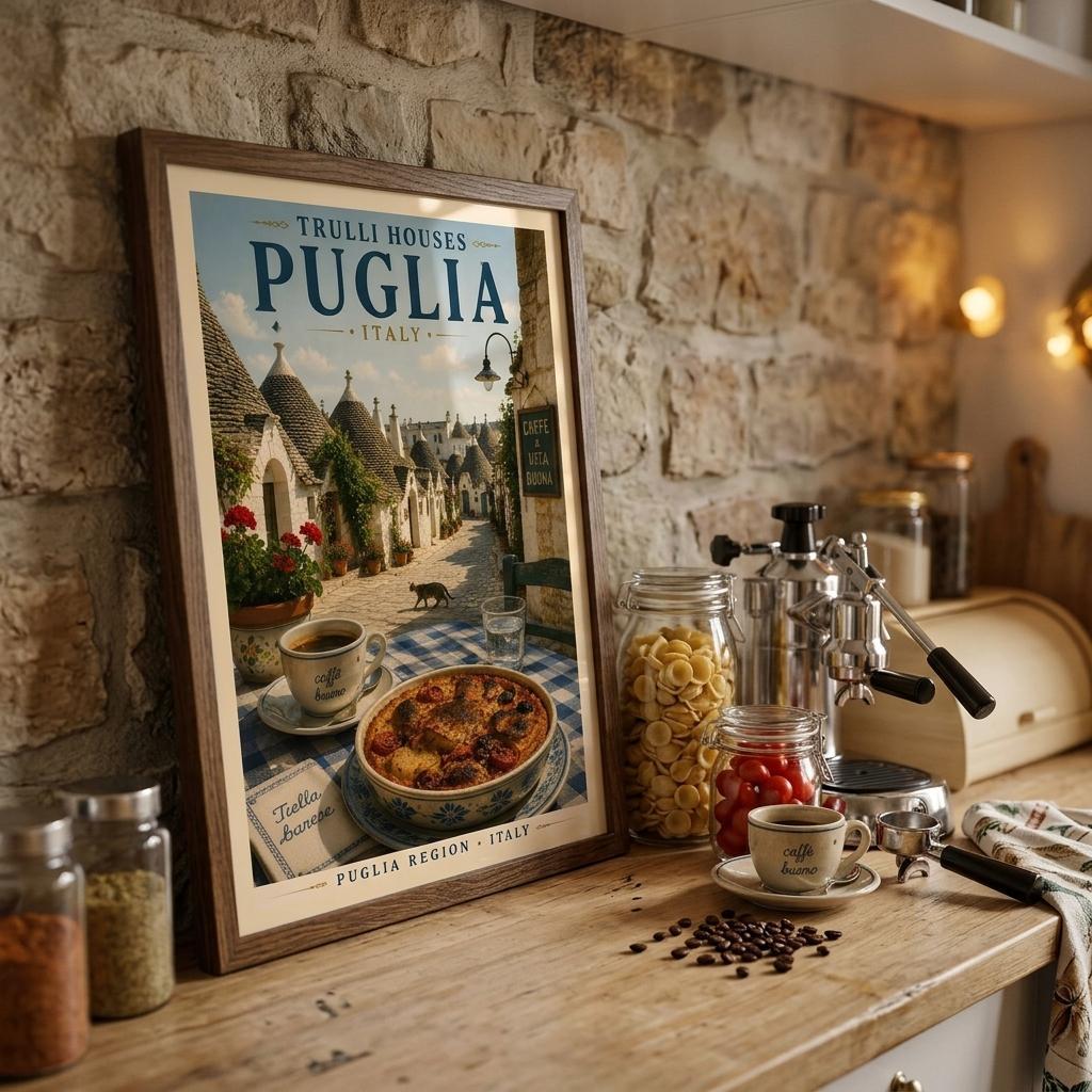 Framed poster of Trulli Houses in Puglia, Italy, on a kitchen counter with coffee-making equipment and ingredients.