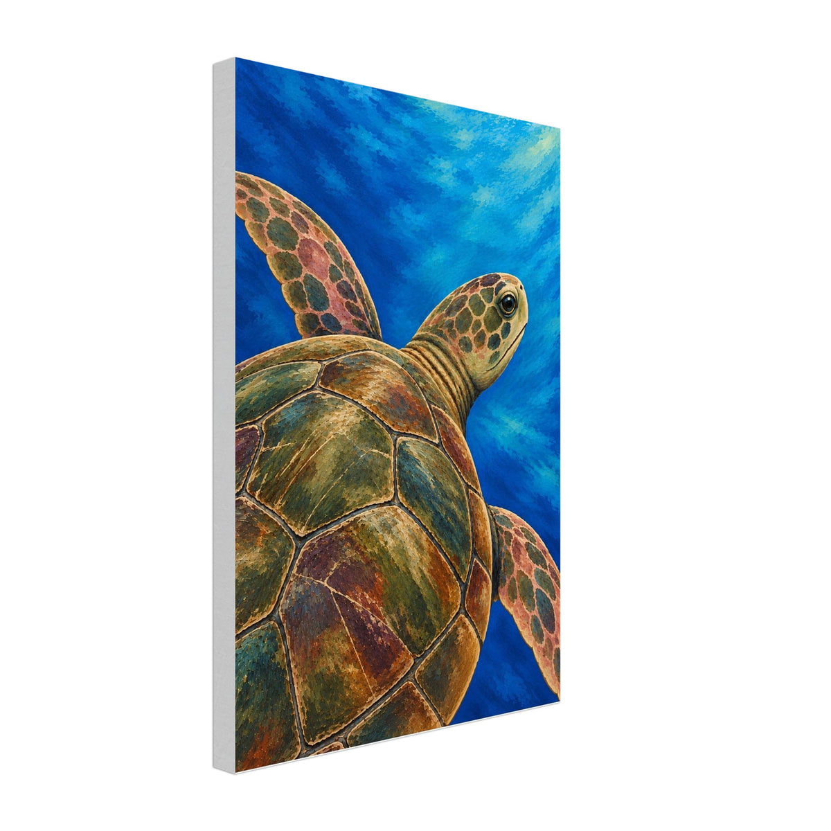 A vertical canvas wall art print depicting a sea turtle swimming underwater against a vibrant blue ocean background, shown at a three-quarter angle on a white studio background.