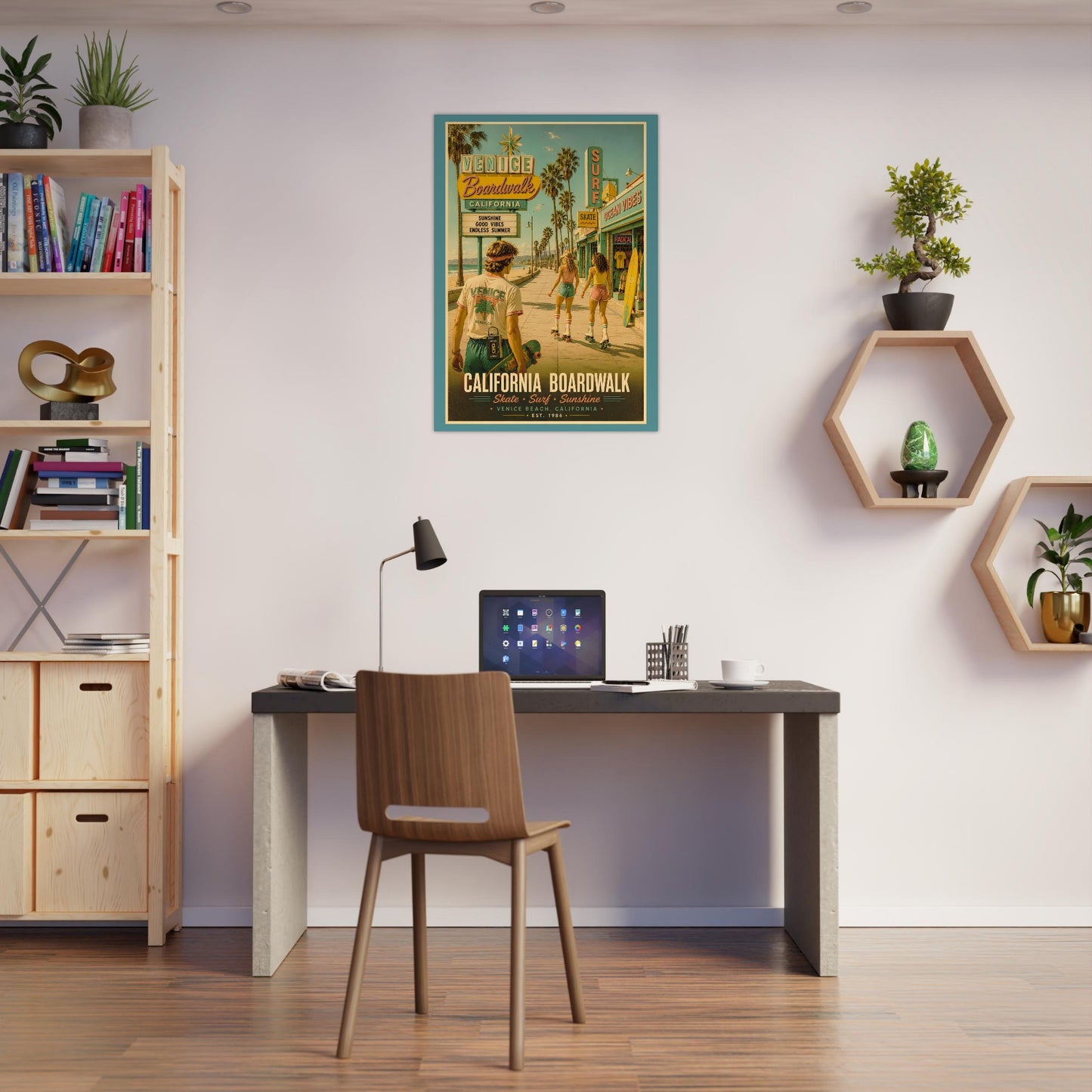 Modern home office with a desk, chair, and decorative poster on the wall.