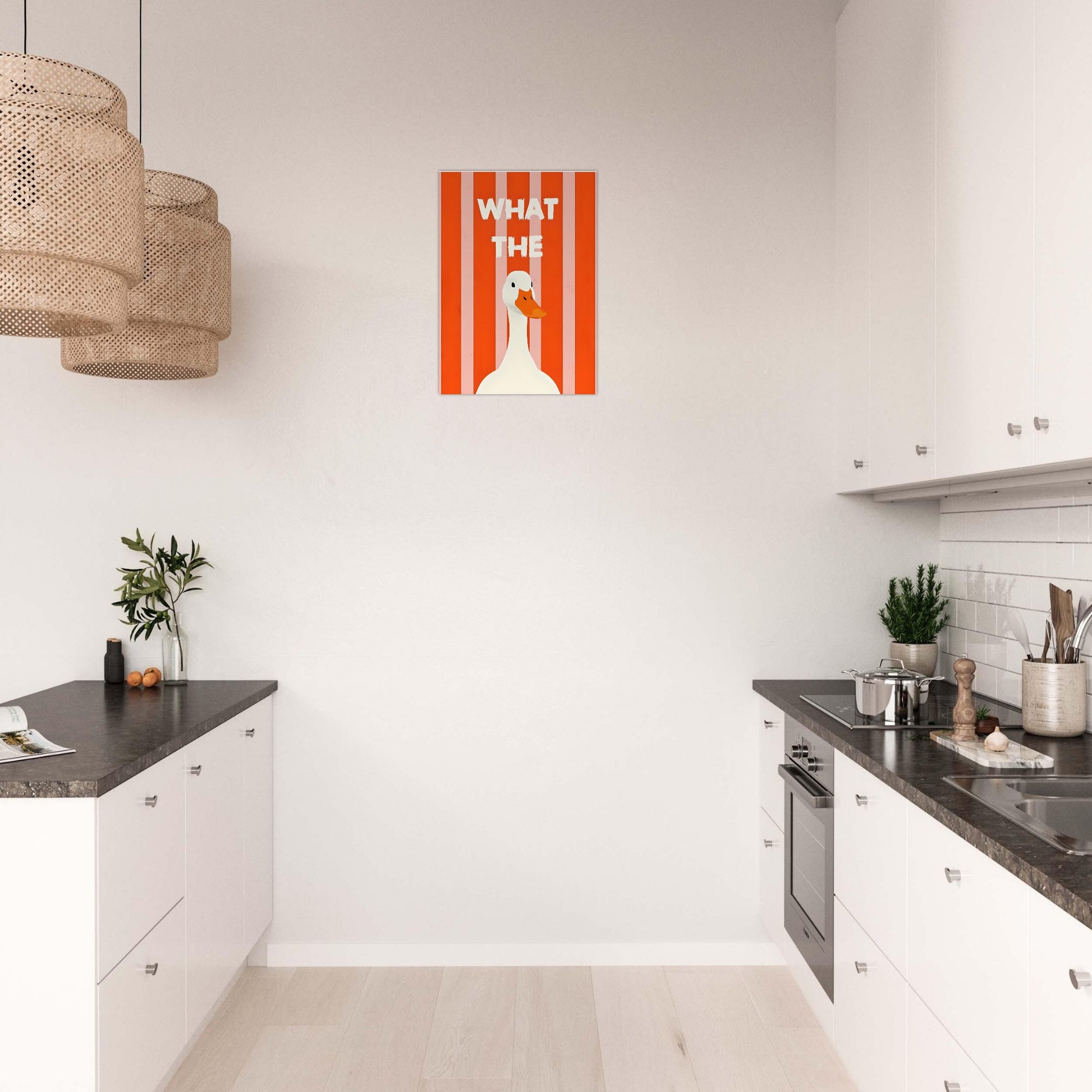 Modern kitchen with a decorative poster on the wall