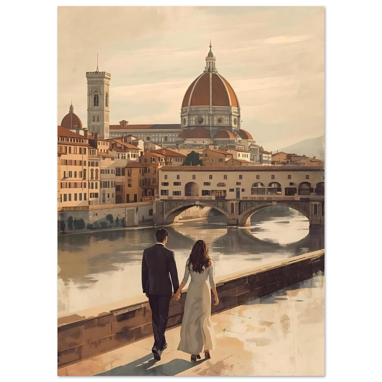Romantic Florence wall art featuring a couple by the Arno River with the Duomo and Ponte Vecchio in warm vintage tones. Elegant Italian city decor.