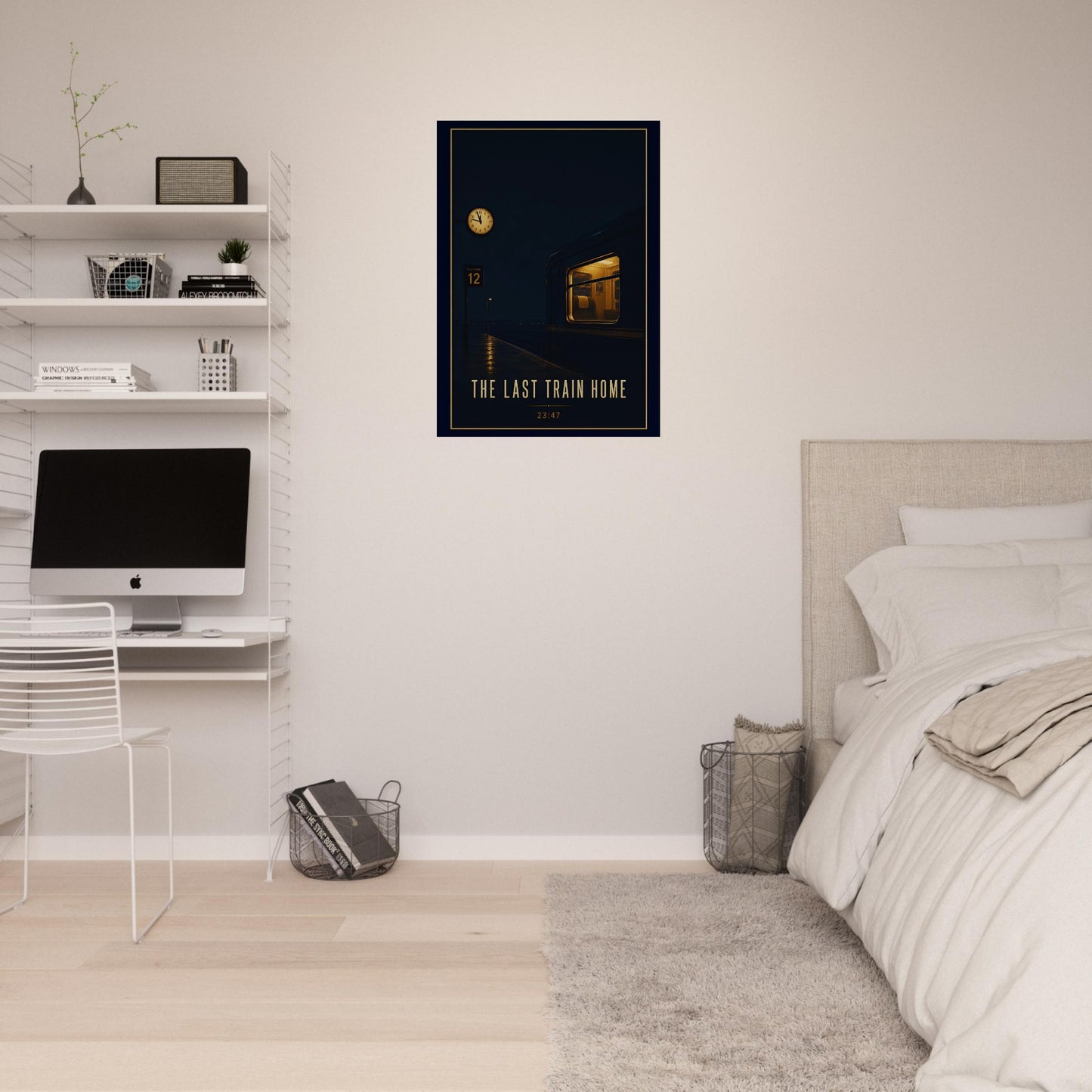 Modern bedroom with a desk, computer, and framed poster on the wall.