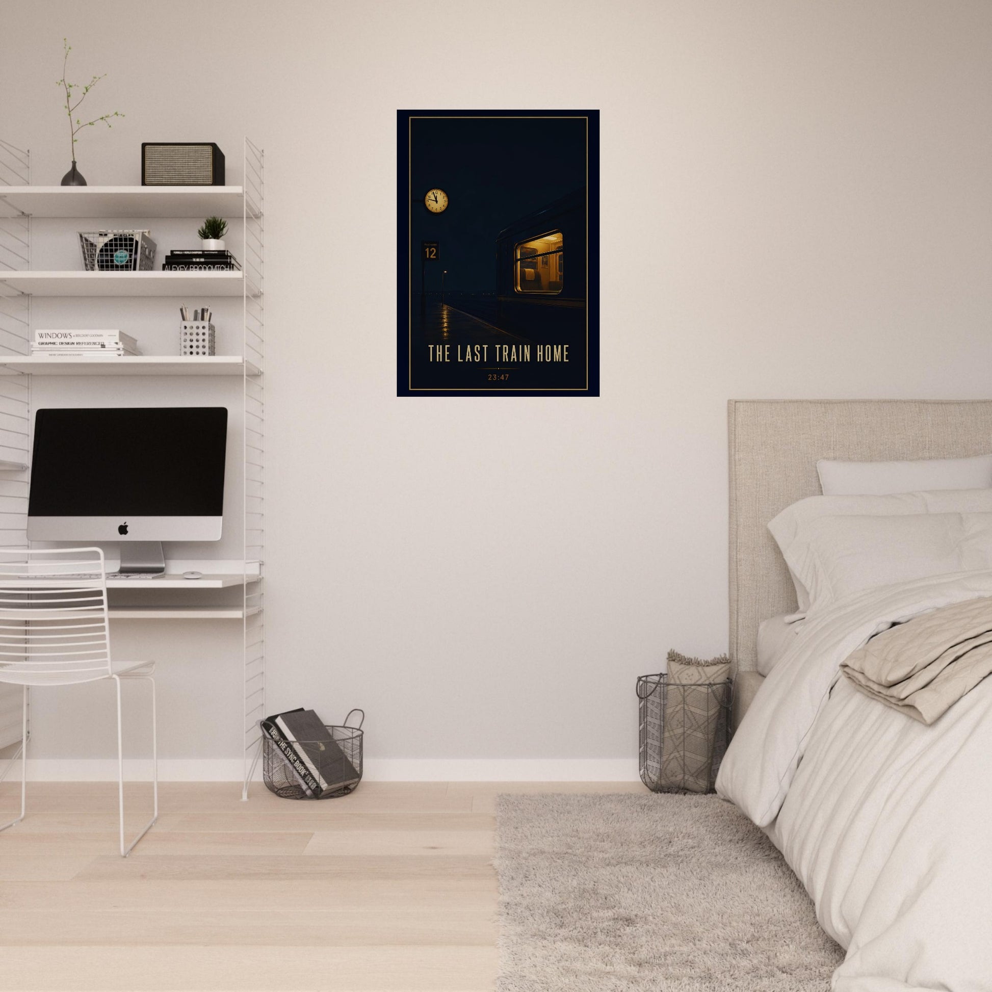 Modern bedroom with a desk, computer, and framed poster on the wall.