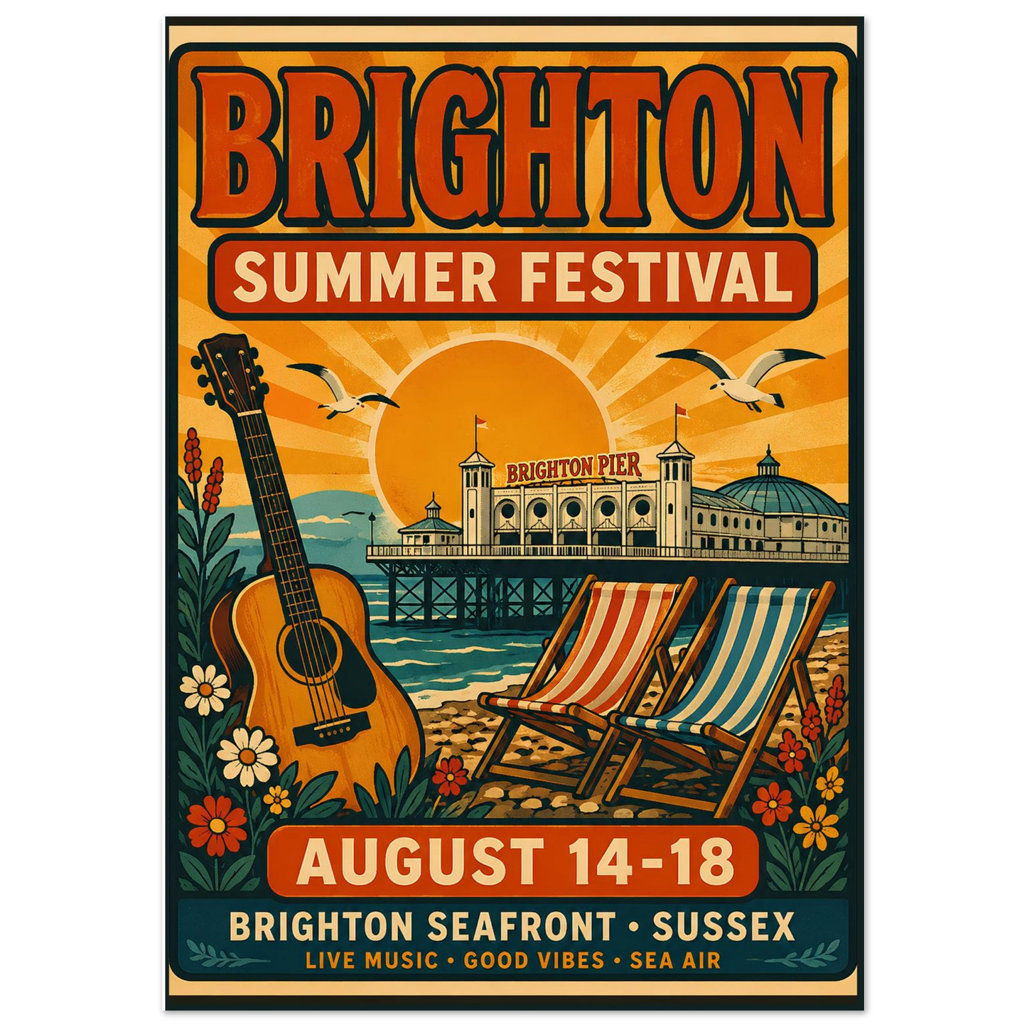 Poster for Brighton Summer Festival with guitar, deck chairs, and Brighton Pier.