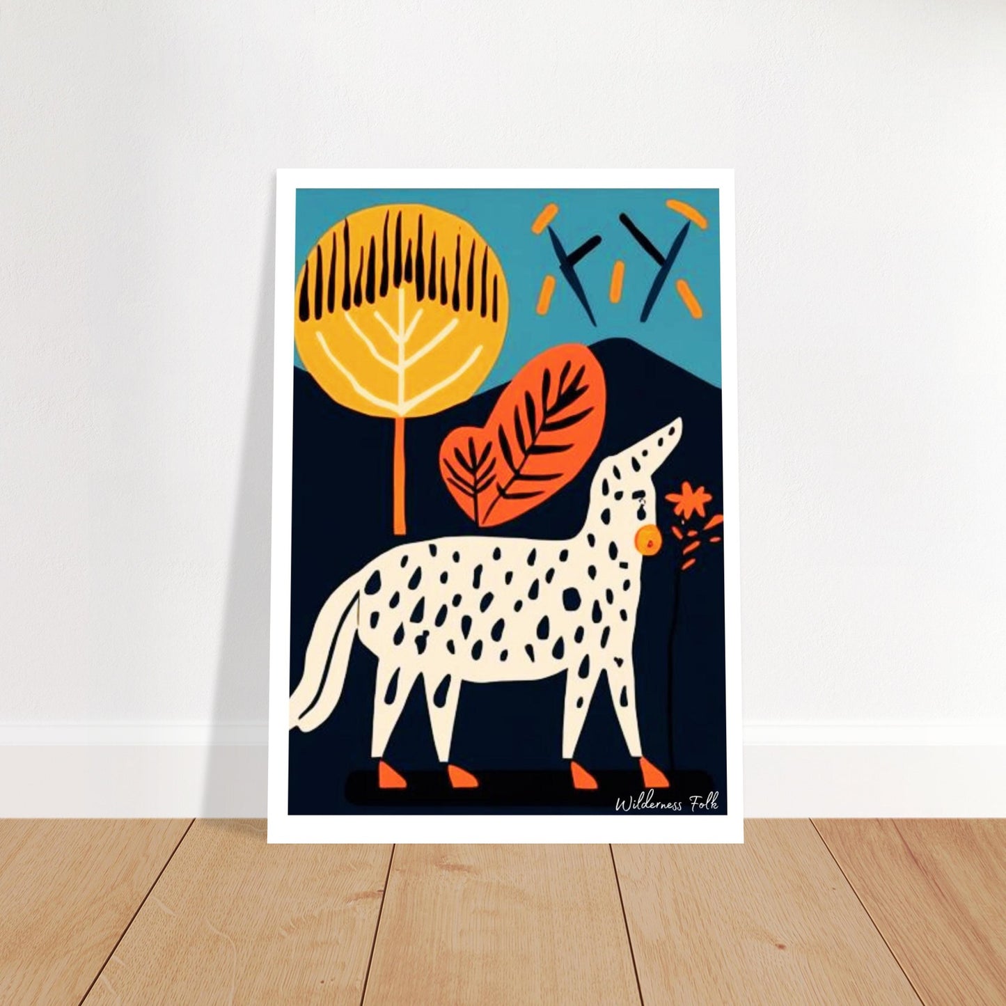 Colorful abstract art print of a spotted animal with leaves on a white wall.