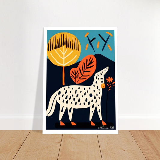 Colorful abstract art print of a spotted animal with leaves on a white wall.