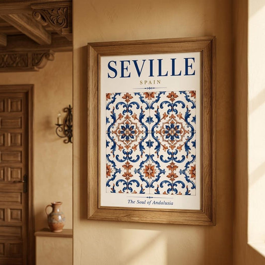 Seville Spain travel poster featuring an ornate blue and terracotta Andalusian tile design, displayed in a warm traditional interior with a wooden frame.