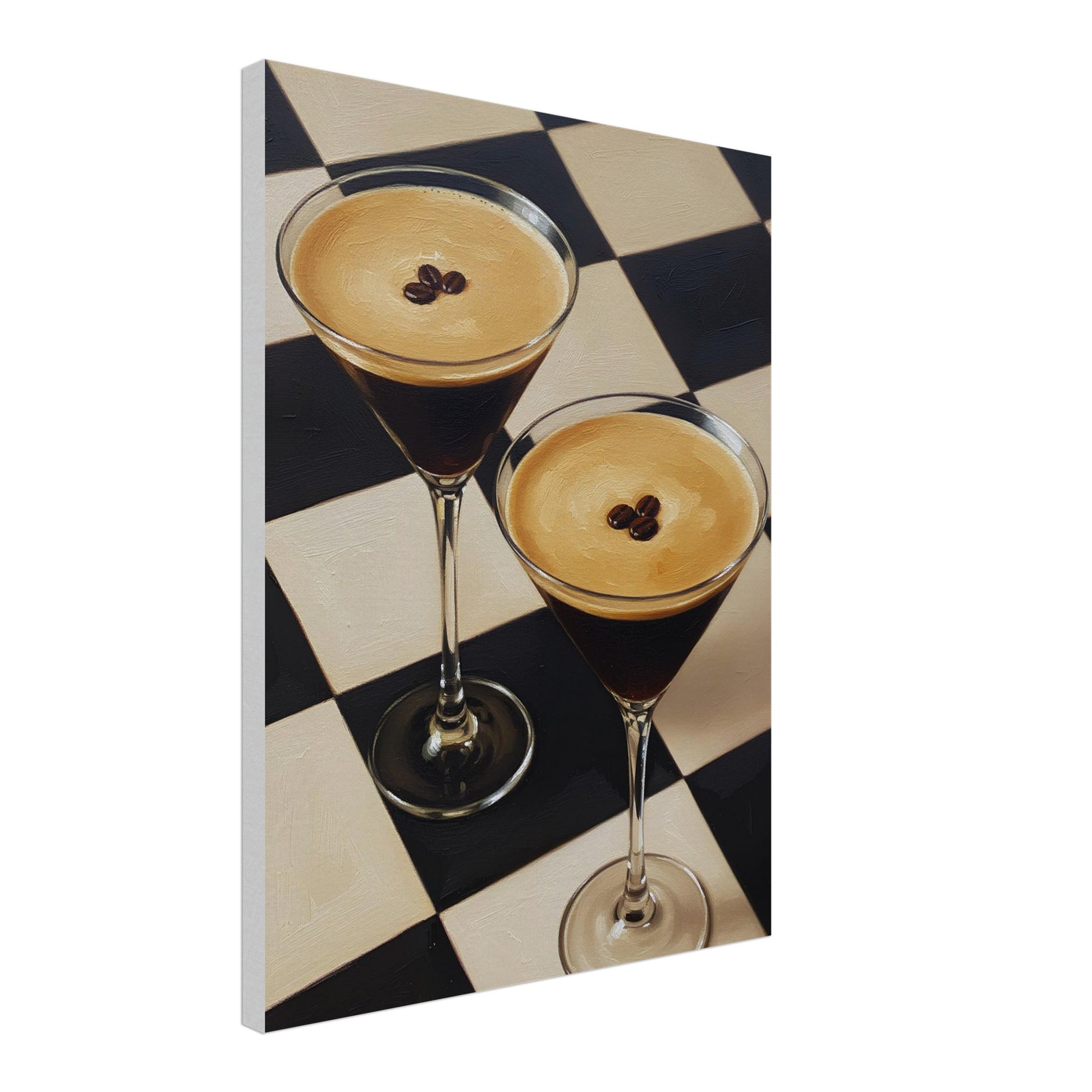 Espresso Martini canvas artwork featuring two classic cocktails against a geometric checkerboard design.