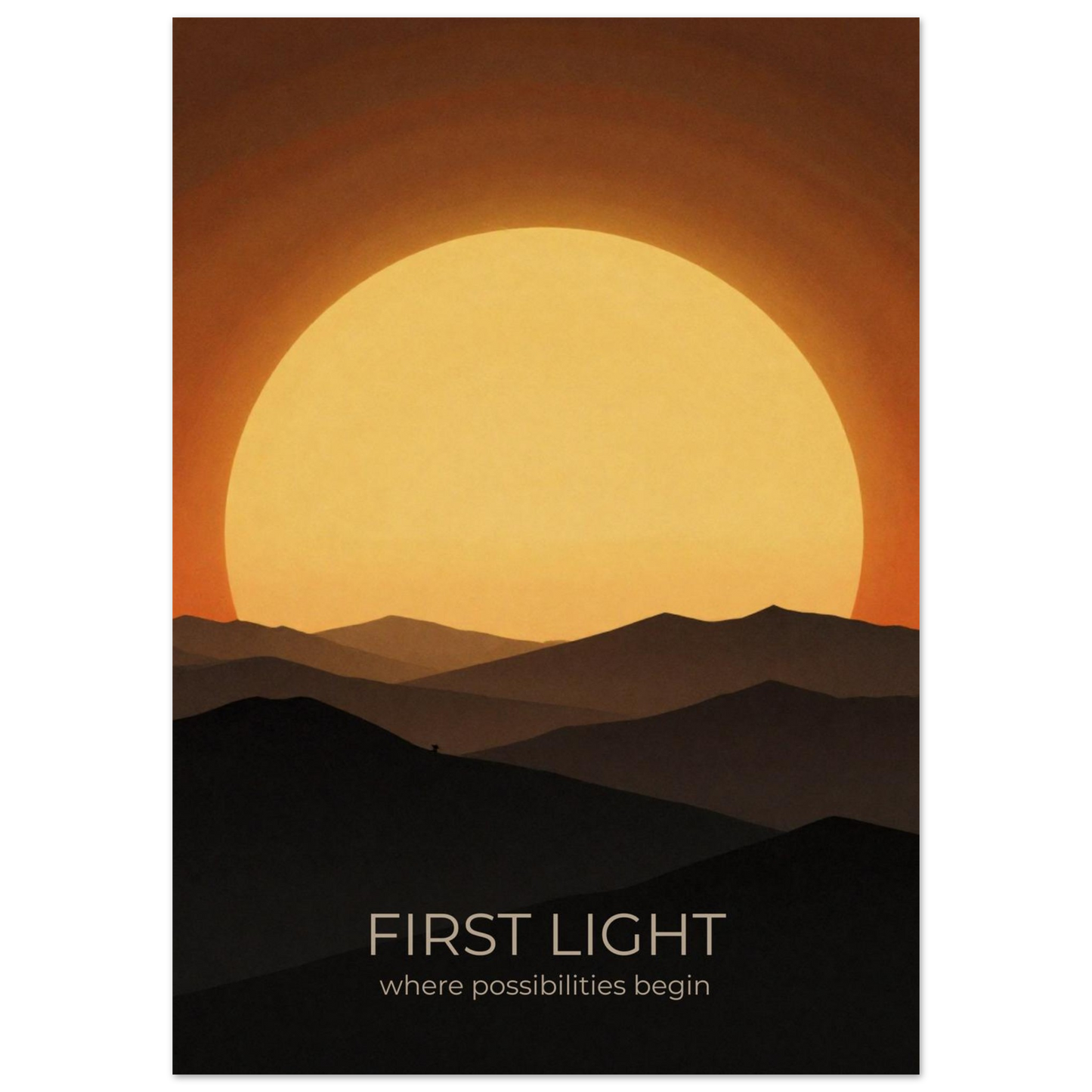 Close-up of First Light sunrise wall art showcasing a large glowing sun and minimalist mountain landscape in amber and gold colours.