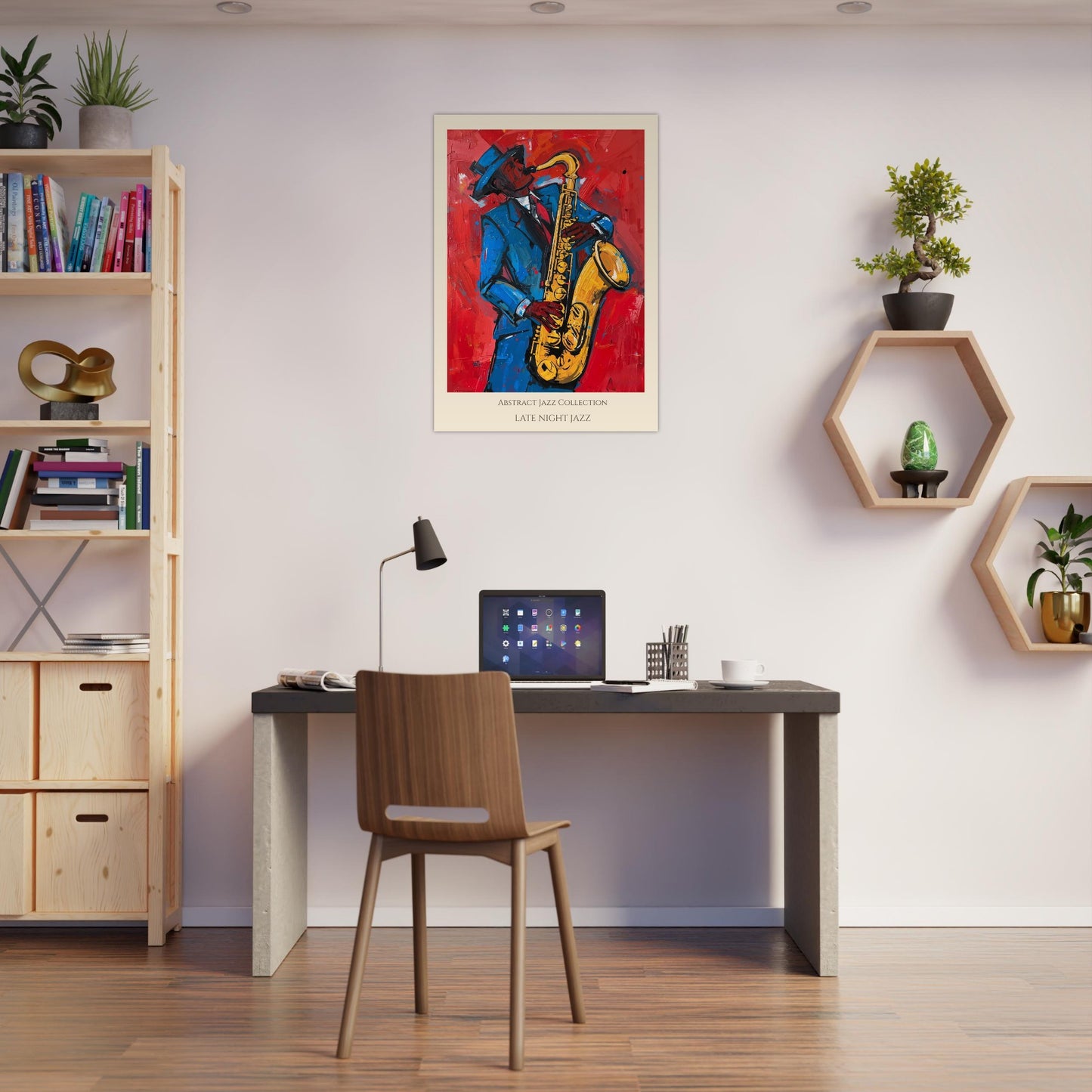 Abstract jazz saxophone wall art above desk workspace – modern music themed decor