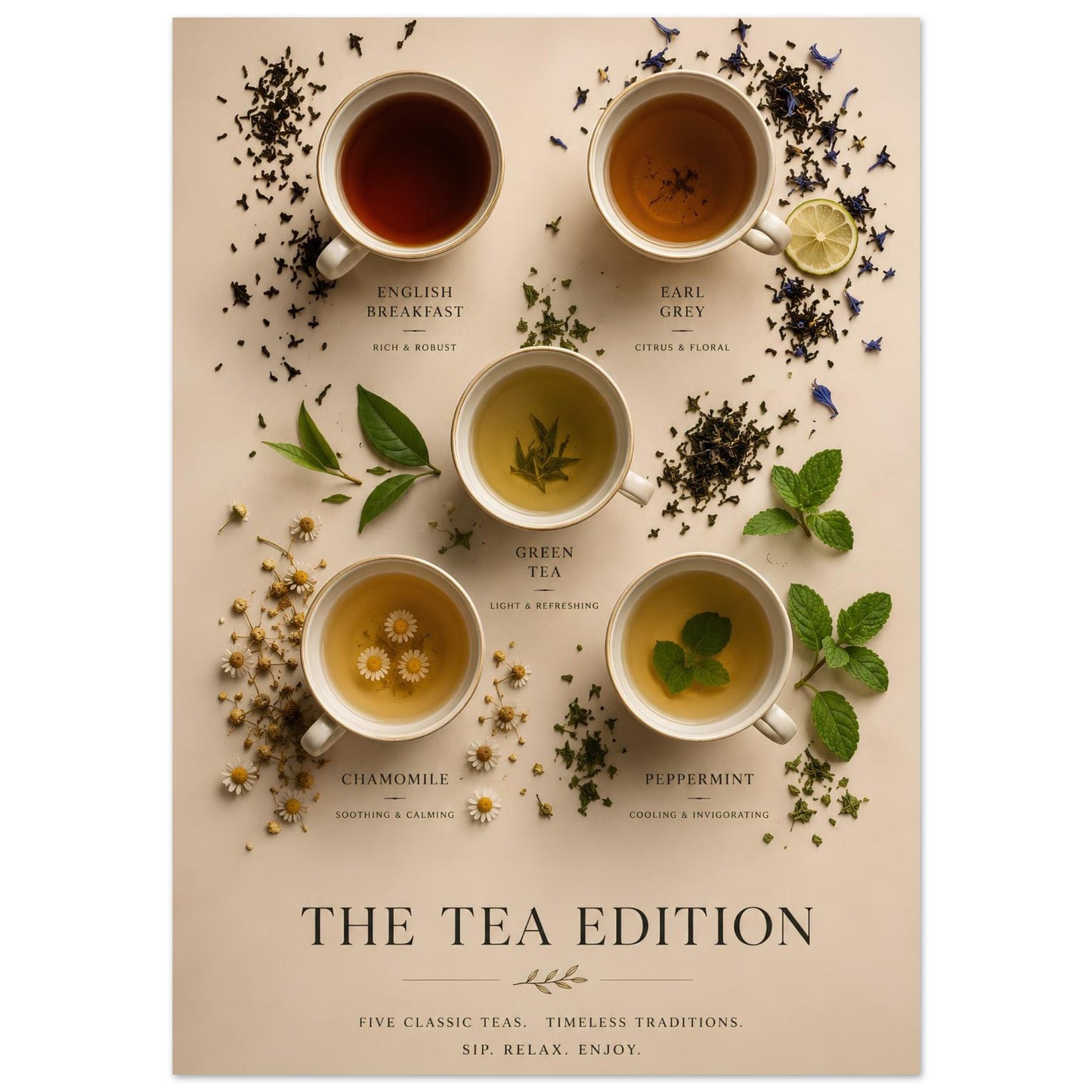 Tea Edition Poster close-up showing five classic teas with botanical elements, loose tea leaves and warm neutral tones.