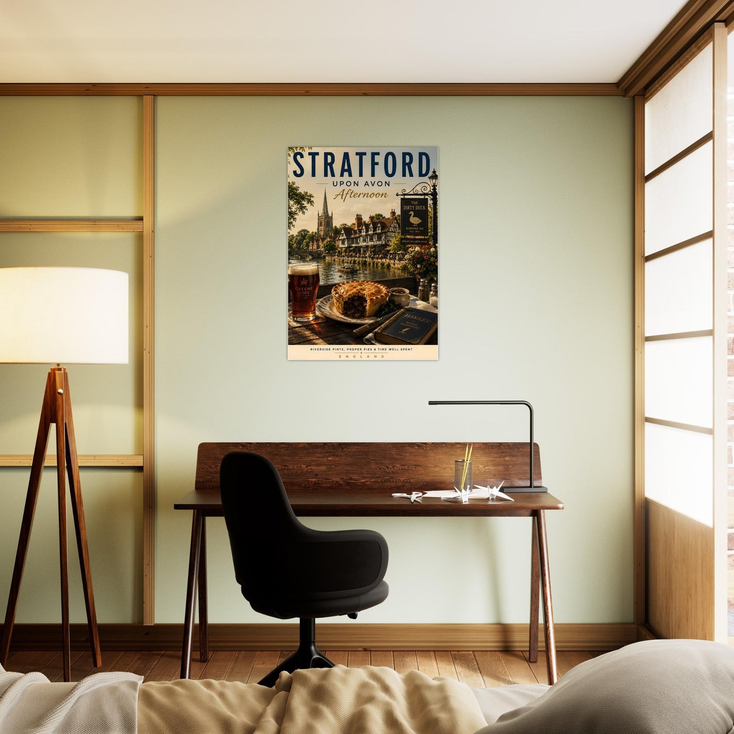 Stratford-upon-Avon Afternoon print displayed above a piano in a stylish home office, featuring Tudor buildings and the River Avon.