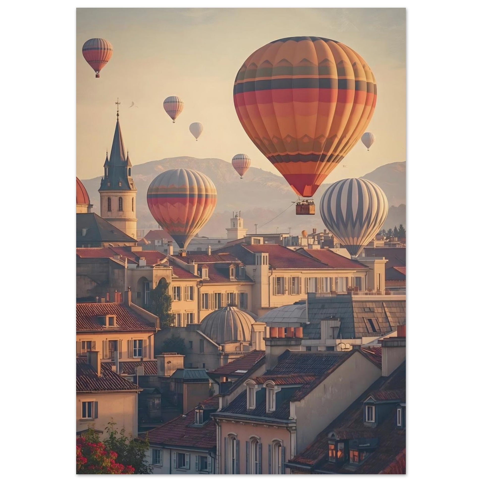 Hot air balloons over a cityscape with buildings and mountains in the background.