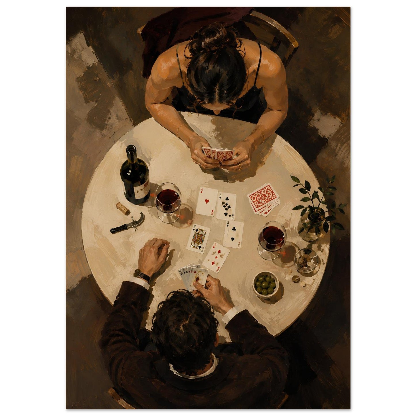 Bird's-eye couple playing cards art print featuring wine and warm brown and cream tones.