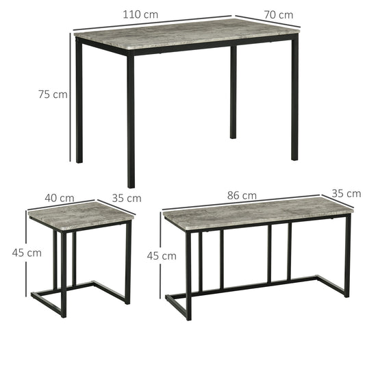 Dining Table Set, Concrete Effect Kitchen Table and Chairs for 4 People, Grey
