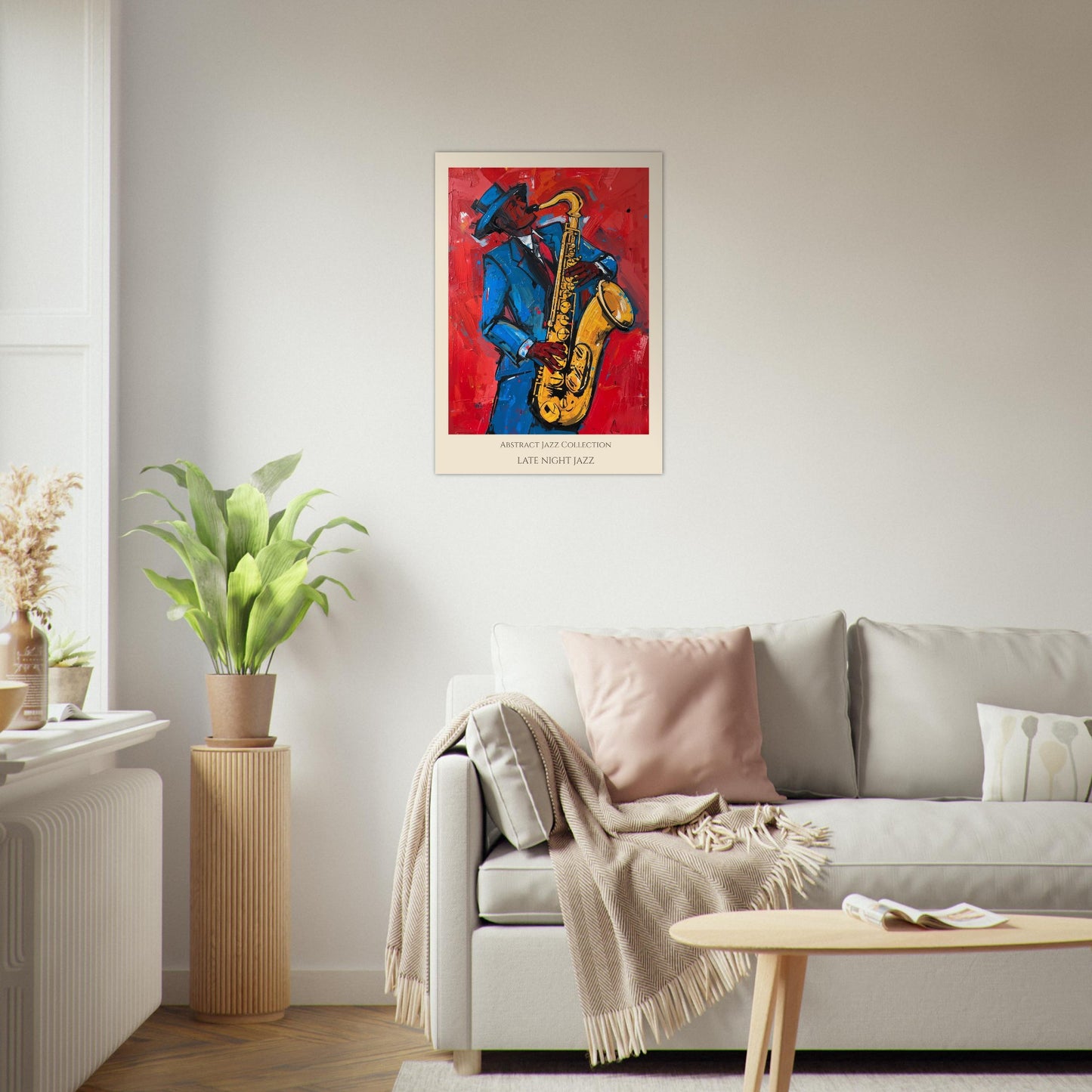 Living room with a colorful poster of a musician playing a saxophone on the wall.