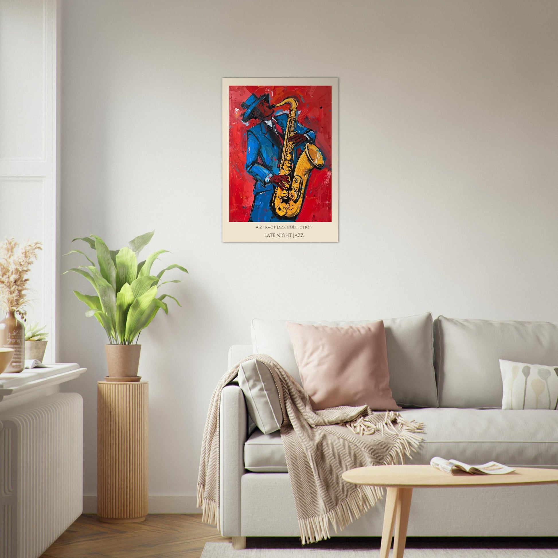 Living room with a colorful poster of a musician playing a saxophone on the wall.