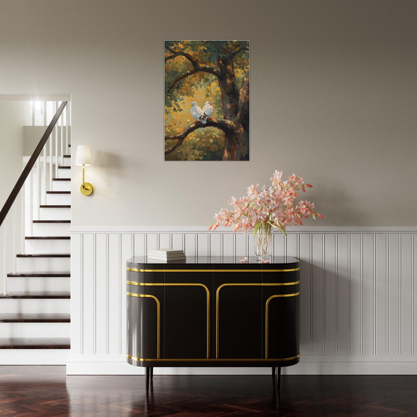 Modern interior with a black and gold cabinet, flowers, and a painting of birds on a branch.