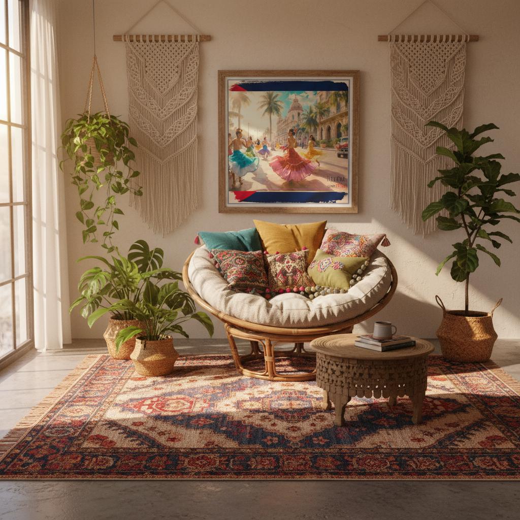 Cozy living room with a papasan chair, colorful cushions, and decorative wall art showing dancers in colorful outfits on a street in Havana, Cuba.