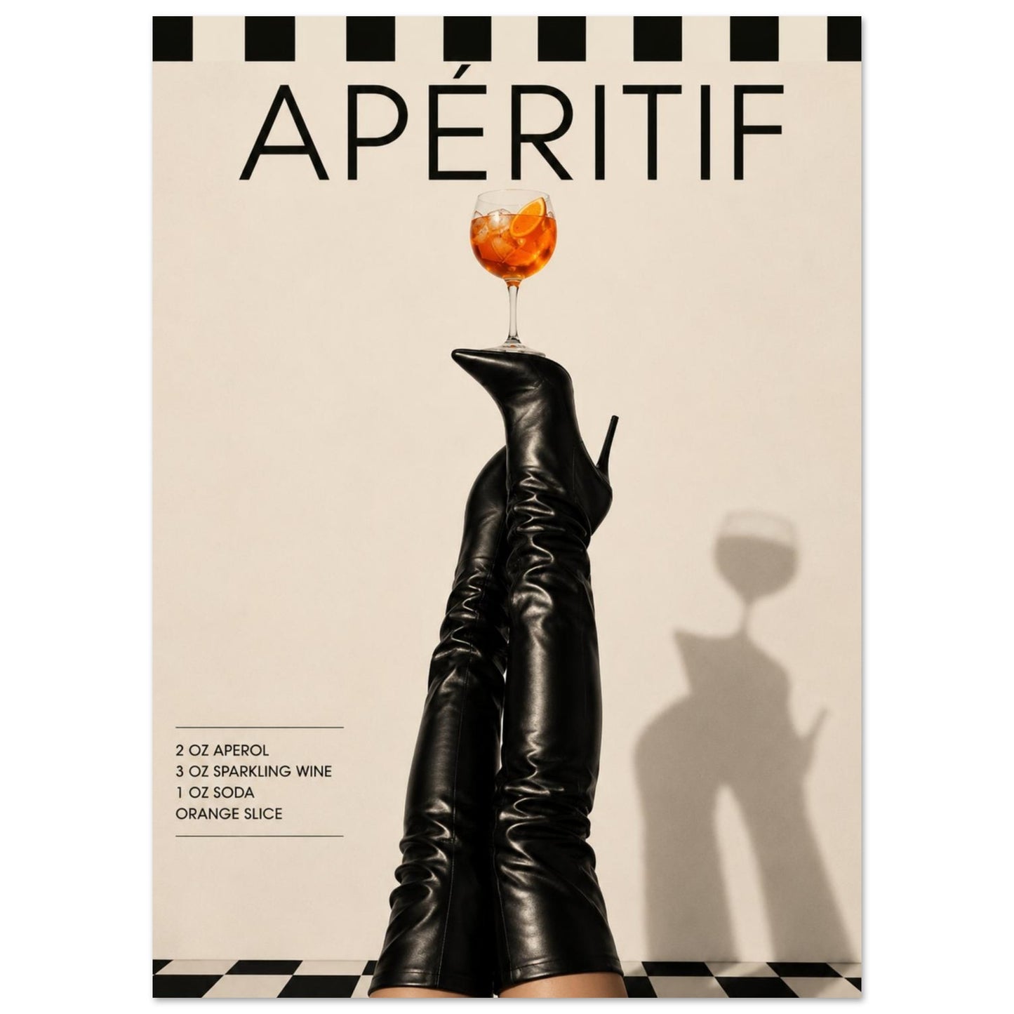 Close-up of aperitif fashion art print featuring black thigh high boots balancing orange cocktail glass