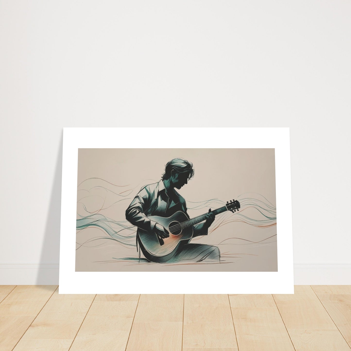 Framed artwork of a person playing guitar on a beige background