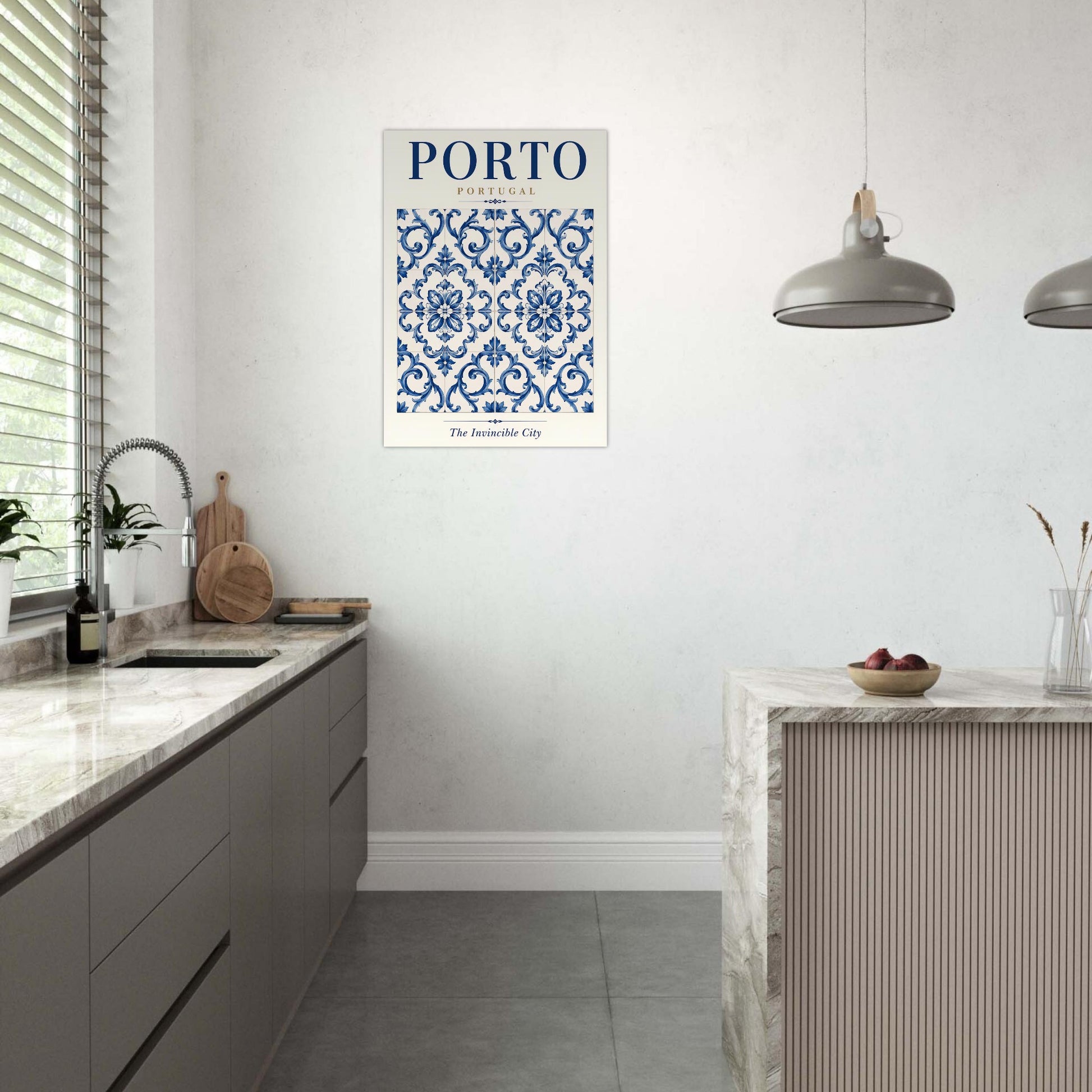 Porto Portugal wall art displayed in a modern kitchen with a neutral interior and pendant lighting.