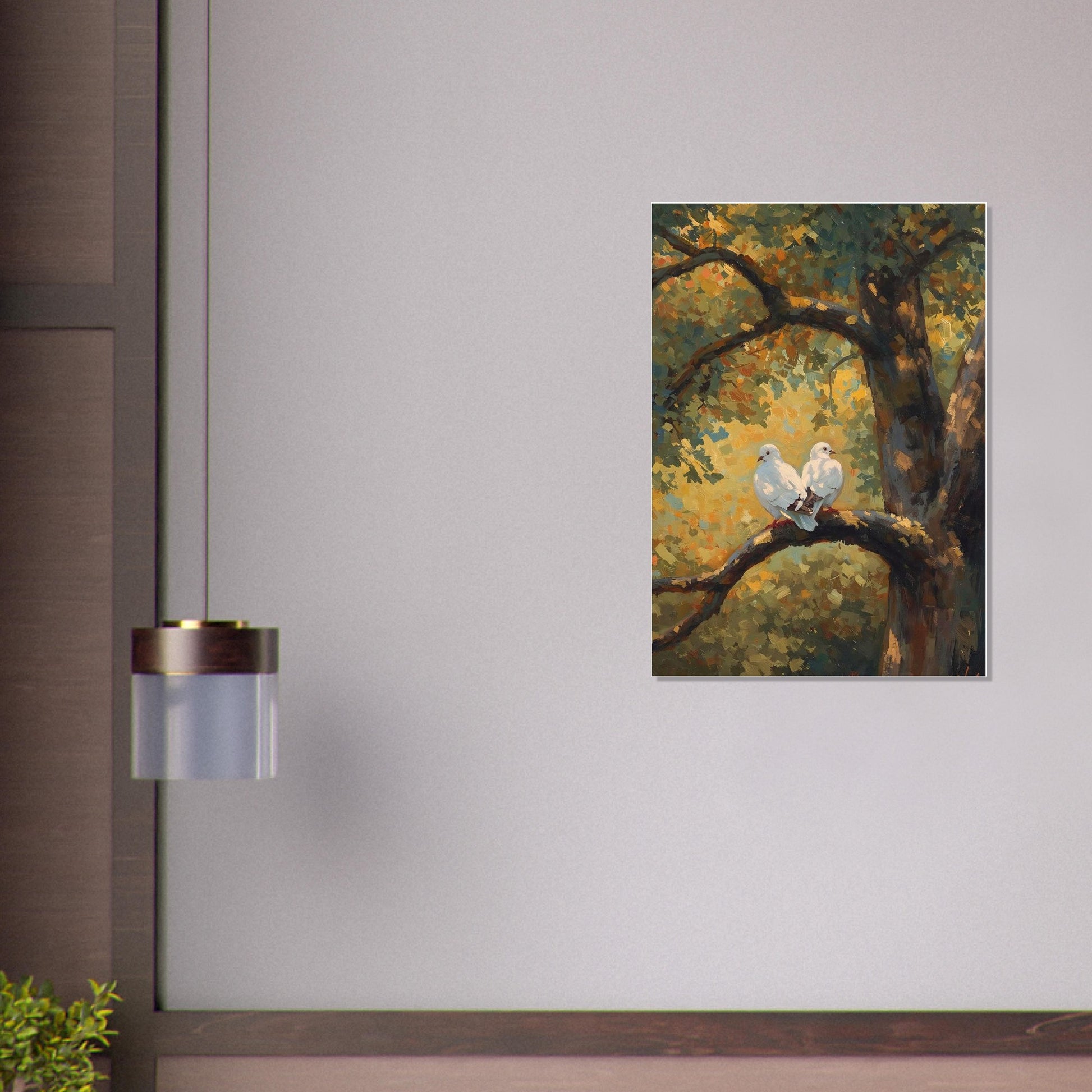 Painting of two birds on a branch in a tree, hanging on a wall.
