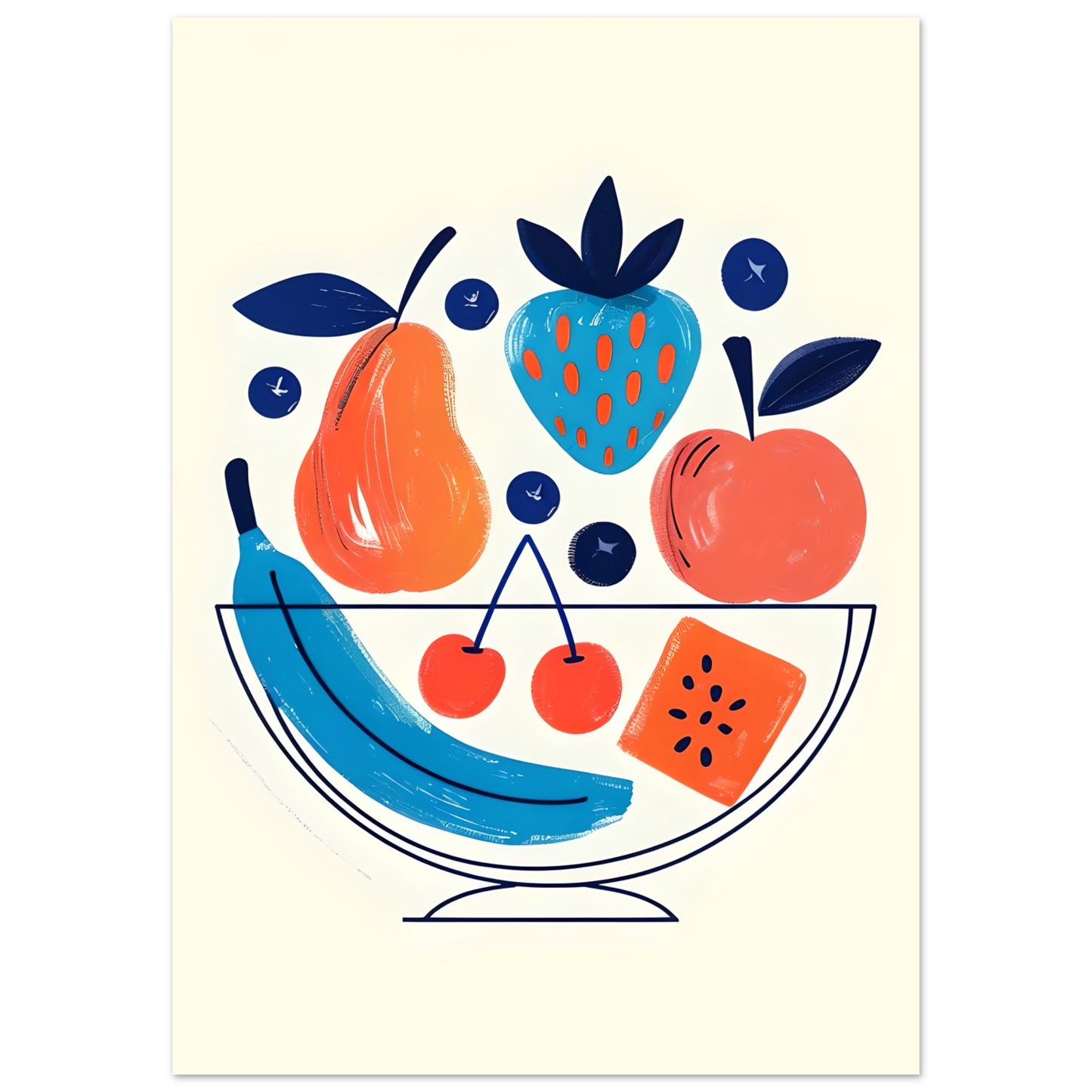 Illustration of a fruit bowl with a pear, strawberry, apple, banana, cherries, and watermelon on a light yellow background.