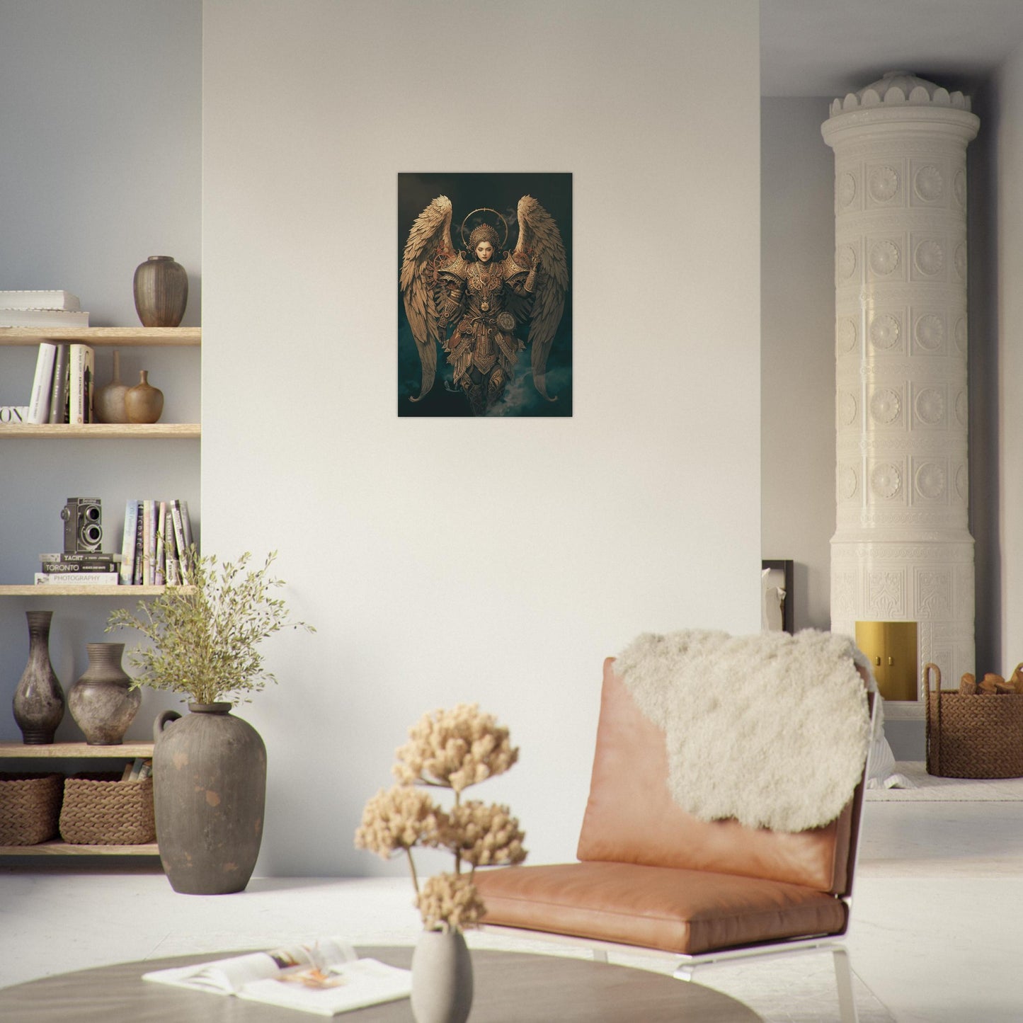 Modern living room with a brown leather chair, decorative plants, and a wall art piece of an angel.
