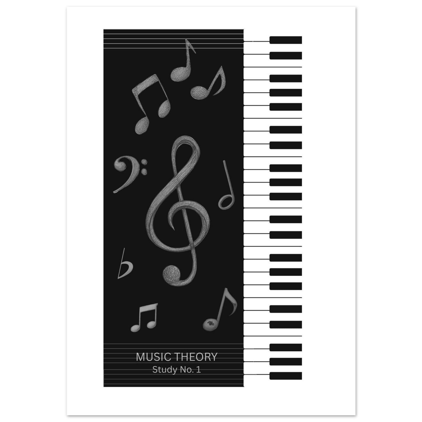 Music theory book cover with piano keyboard and musical notes on a black background
