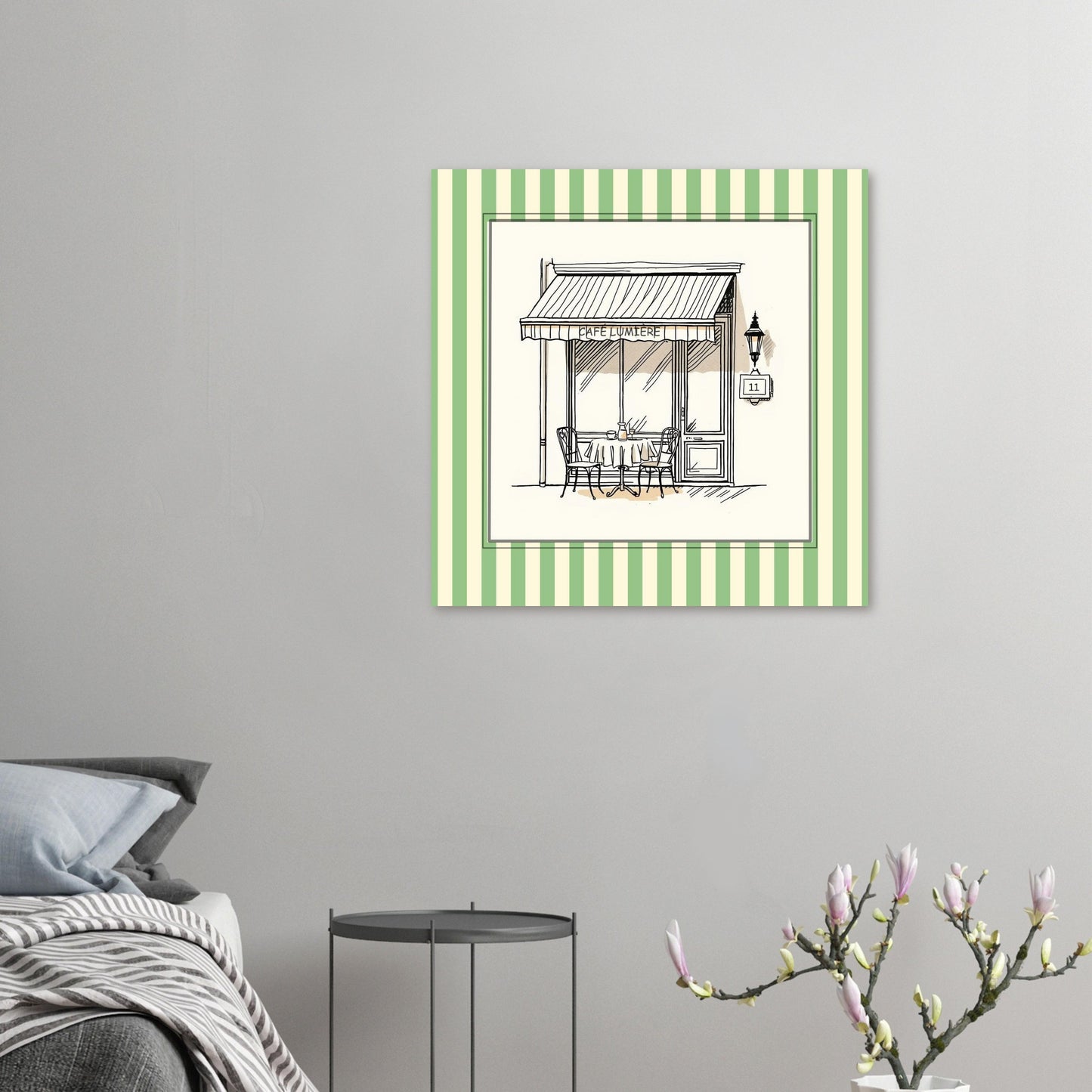 Lifestyle mockup of Café Lumière Paris art print displayed in modern neutral interior