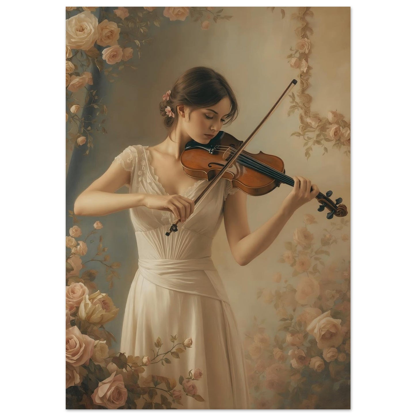 Woman playing violin surrounded by floral decorations
