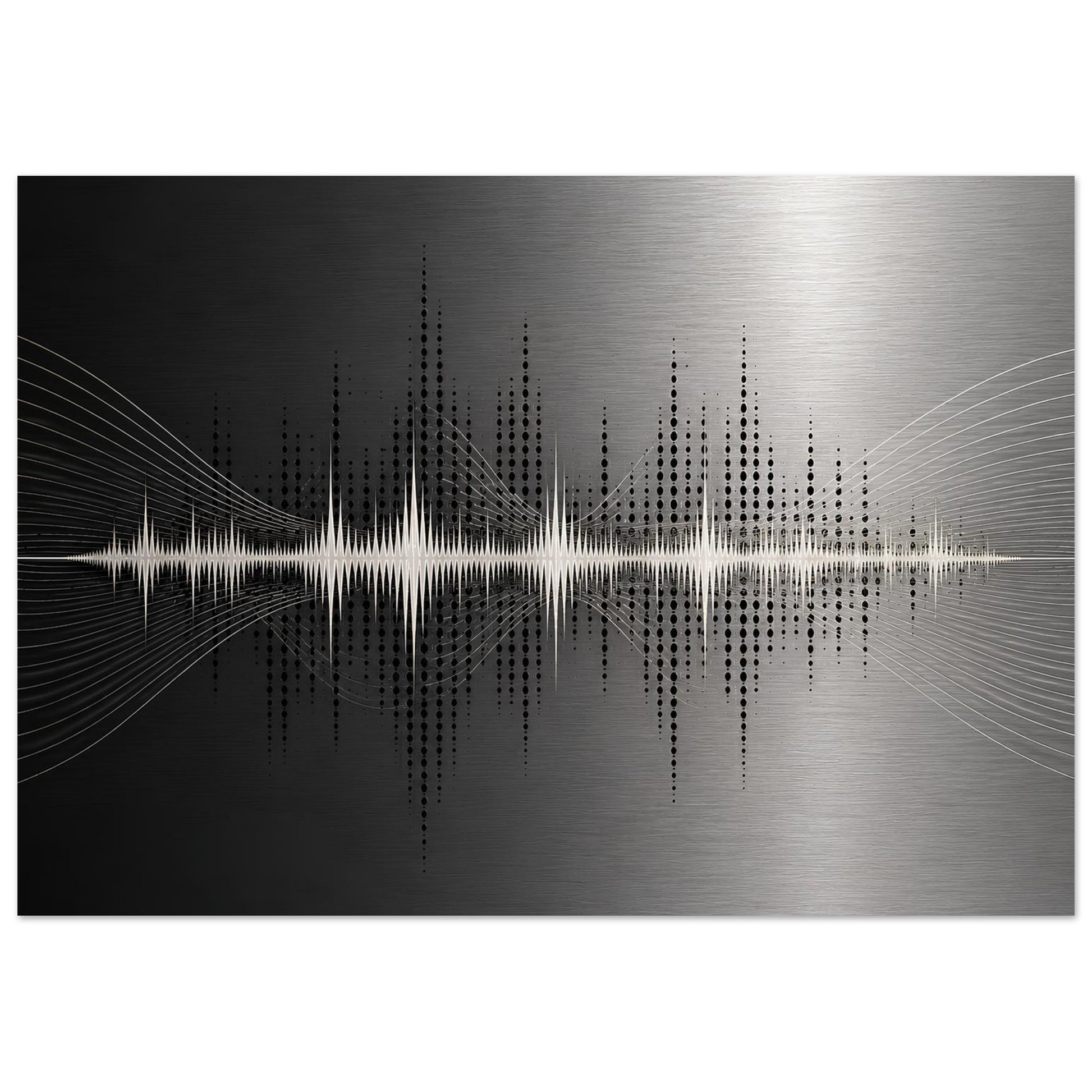Abstract music wall art featuring a white soundwave, dotted frequency pattern and flowing lines across a black and silver metallic background.