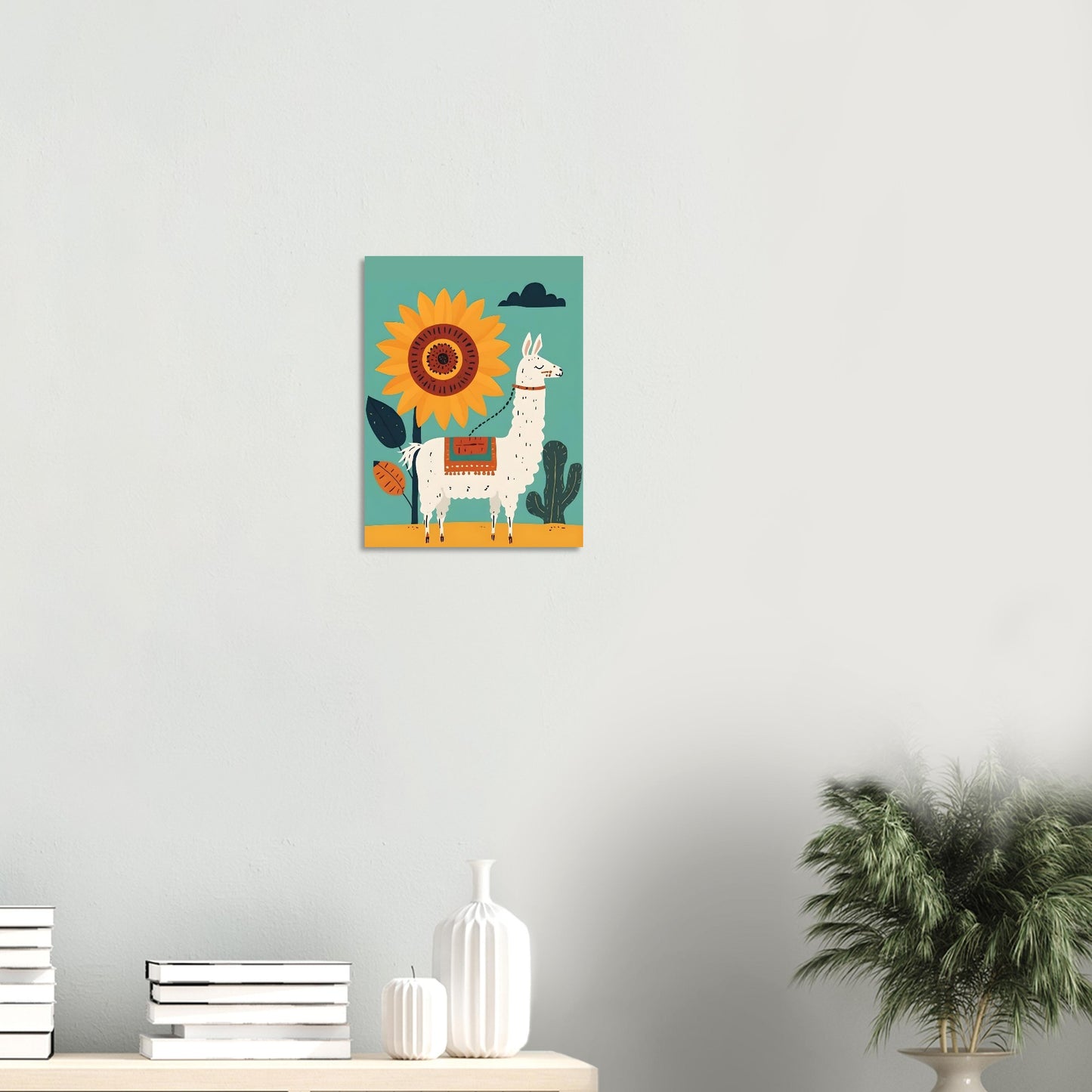 Canvas print of a llama and sunflower design on a wall with decor items below.