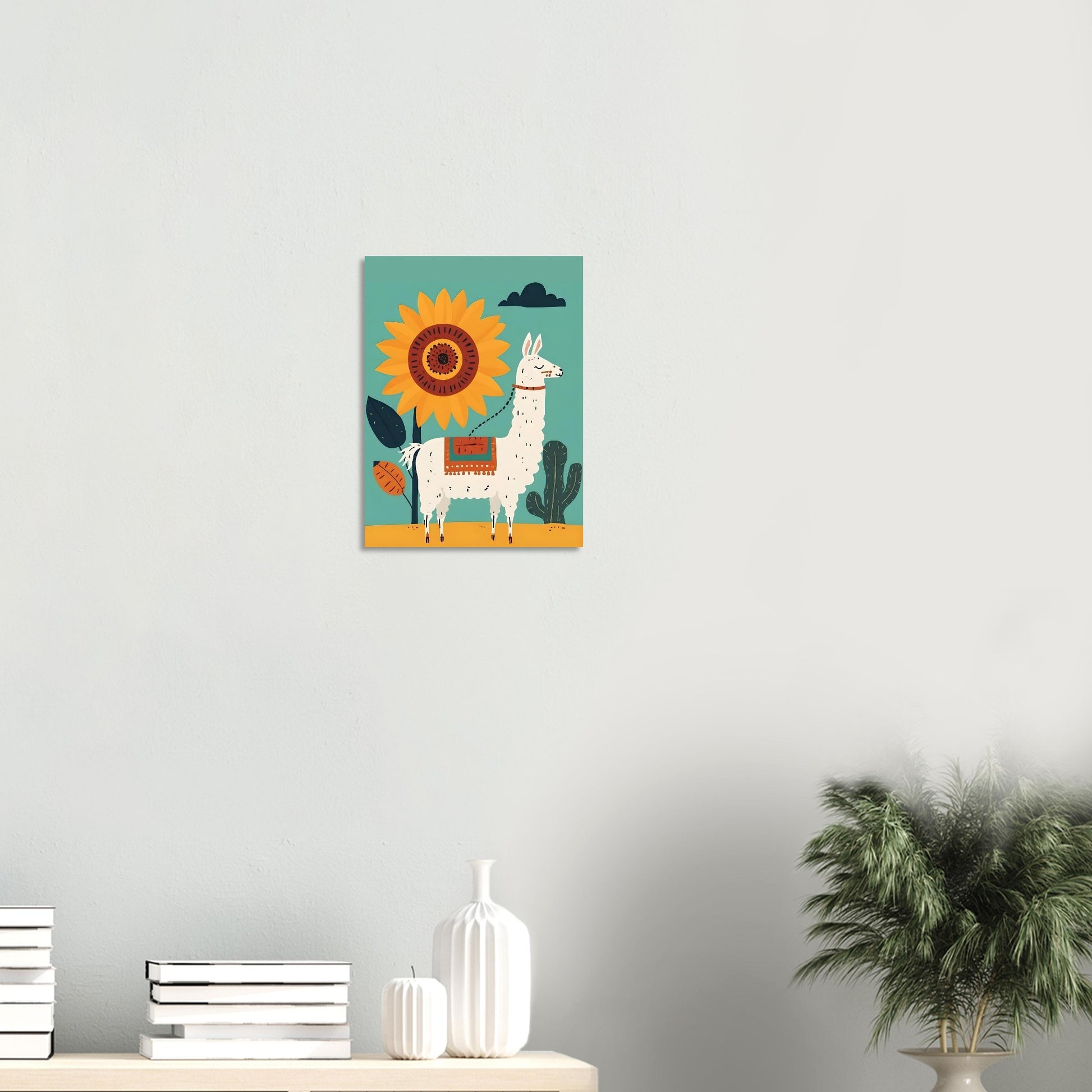 Canvas print of a llama and sunflower design on a wall with decor items below.
