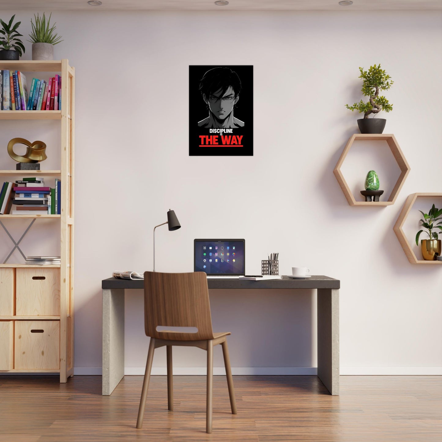 Modern home office with a desk, chair, and wall art.