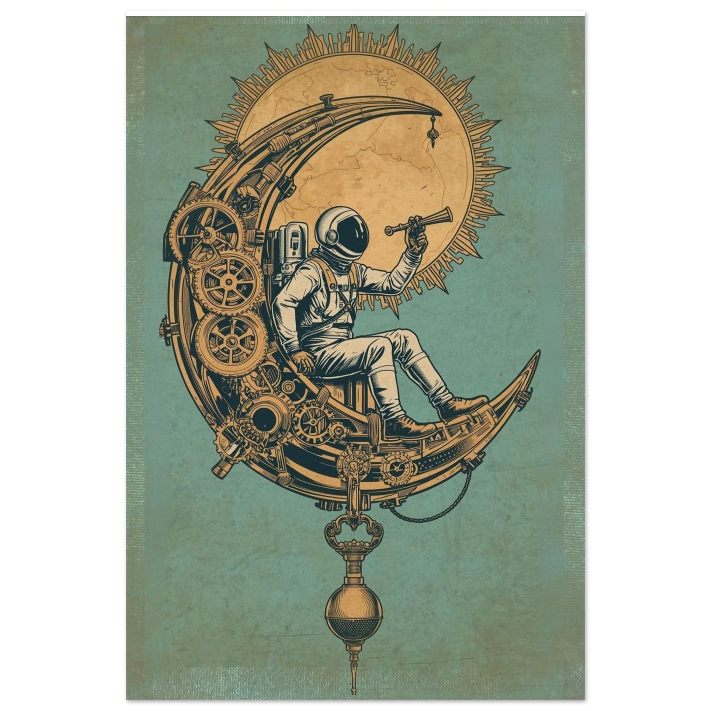 Illustration of an astronaut sitting on a mechanical moon with gears and a telescope.